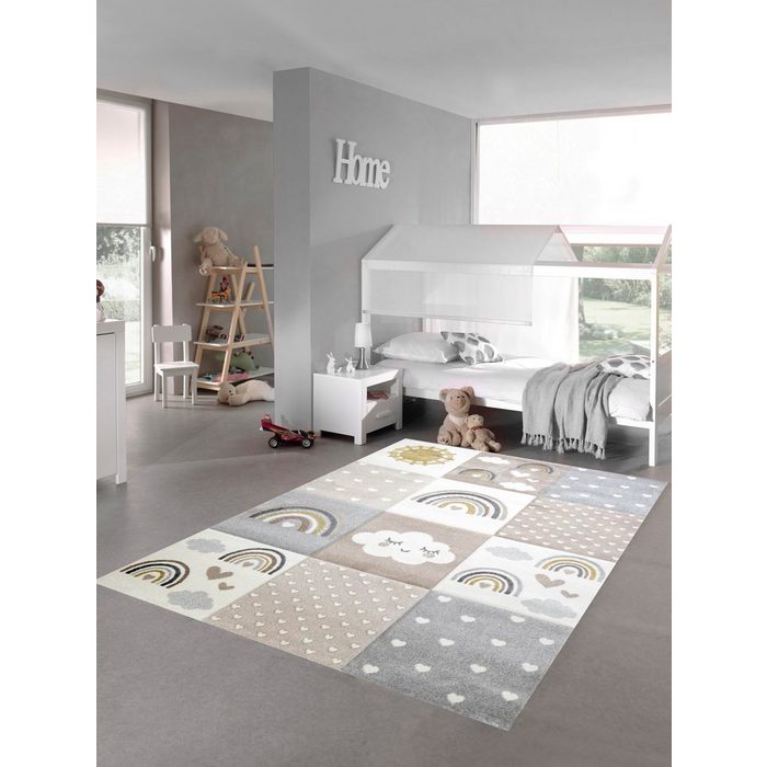 Kinderteppich Kinderzimmer Teppich Spielteppich Regenbogen Punkte Herzchen Wolken beige grau braun Teppich-Traum rechteckig Höhe: 13 mm