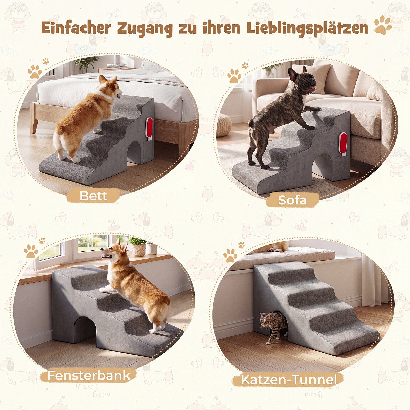 COSTWAY Haustiertreppe Hundetreppe, 4 Stufen (1-St), Katzentreppe mit Fusselbürste & Griff