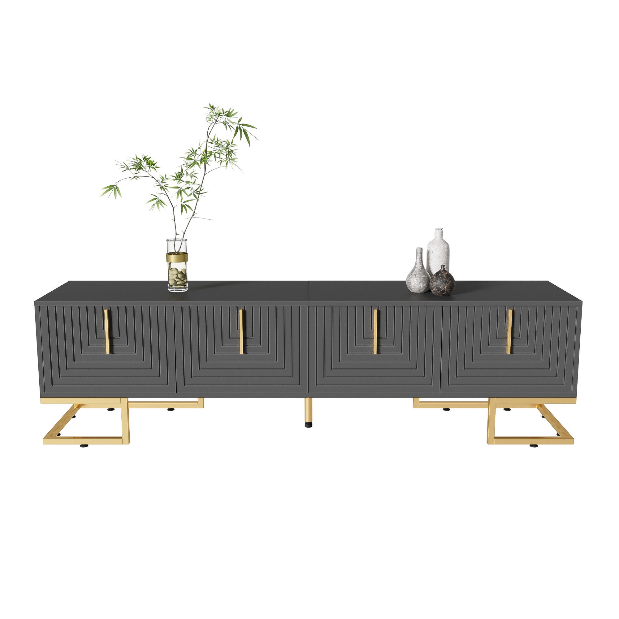 Odikalo TV-Schrank TV-Möbel strukturierter Tür Schubladen goldenen Griffen goldenen Füßen 170*40*45,5cm