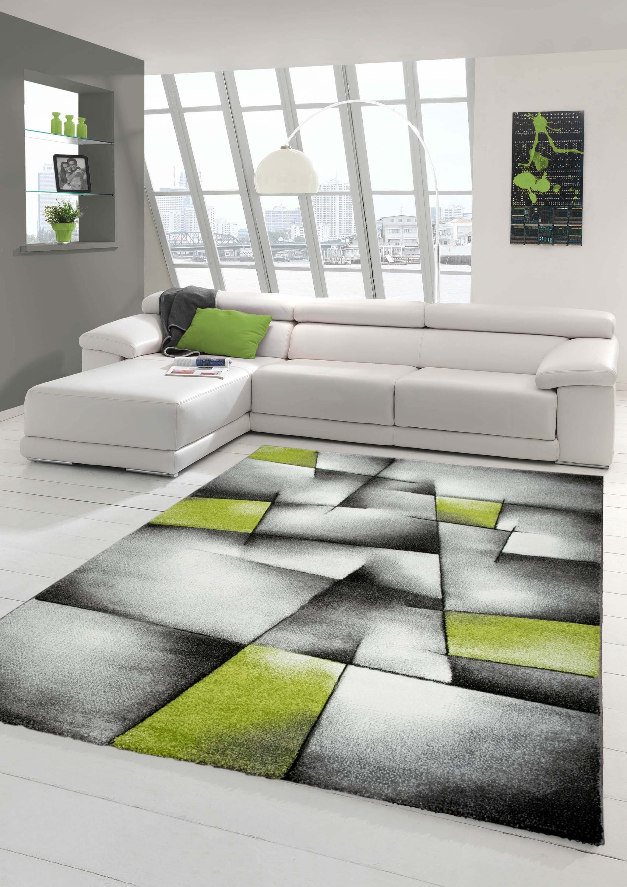 Teppich Designer Teppich Moderner Teppich Wohnzimmer Teppich Kurzflor Teppich mit Konturenschnitt Karo Muster Grün Grau Weiß Schwarz, Teppich-Traum, rechteckig, Höhe: 13 mm