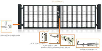 Fischer und Adamek Gartentor Doppelflügeltor Anthrazit, (inkl 2 Pfosten 3 Schlüssel Schließer), Anthrazit