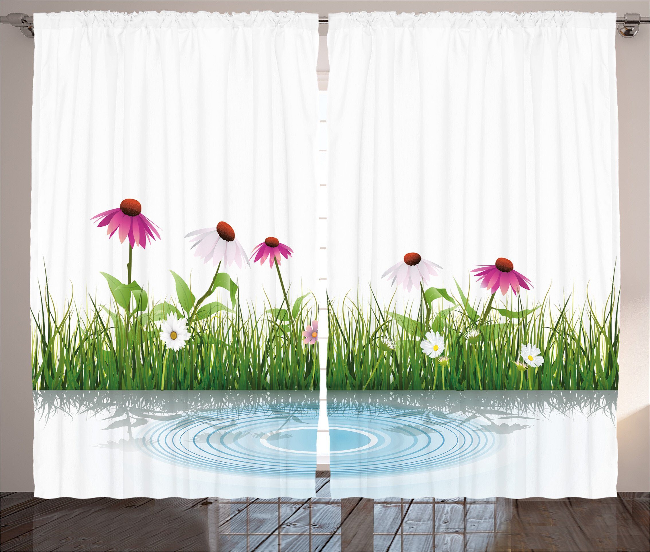 Gardine Schlafzimmer Kräuselband Vorhang mit Schlaufen und Haken, Abakuhaus, Blumen Cartoon Blumen See