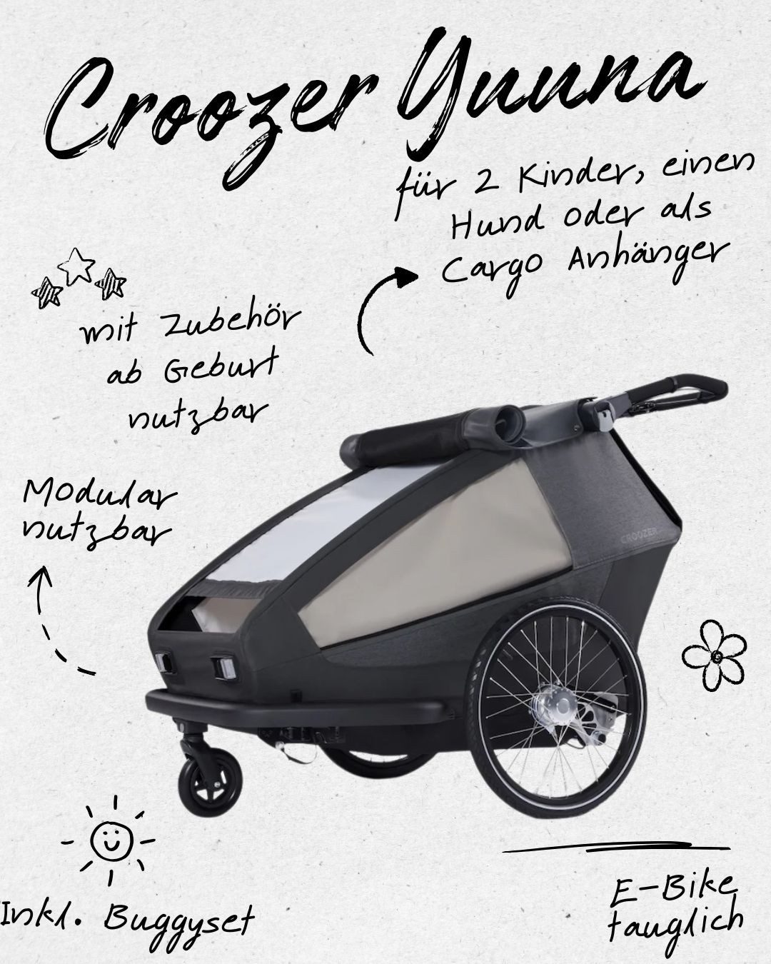 Croozer Fahrradkinderanhänger Kid Yuuna All-in-One Fahrradanhänger, für 2 Kinder; inklusive Deichsel