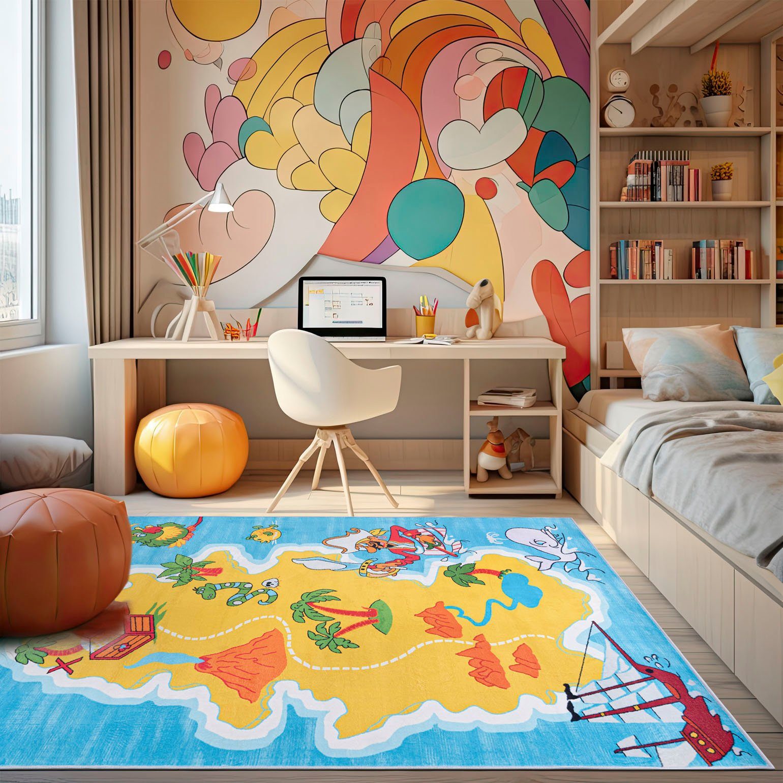 Mazovia Kinderteppich Kinderteppich Spiel Teppich Kinderzimmerteppich Blau, 80 x 150 cm, Fußbodenheizung, Allergiker geeignet, Rutschfest