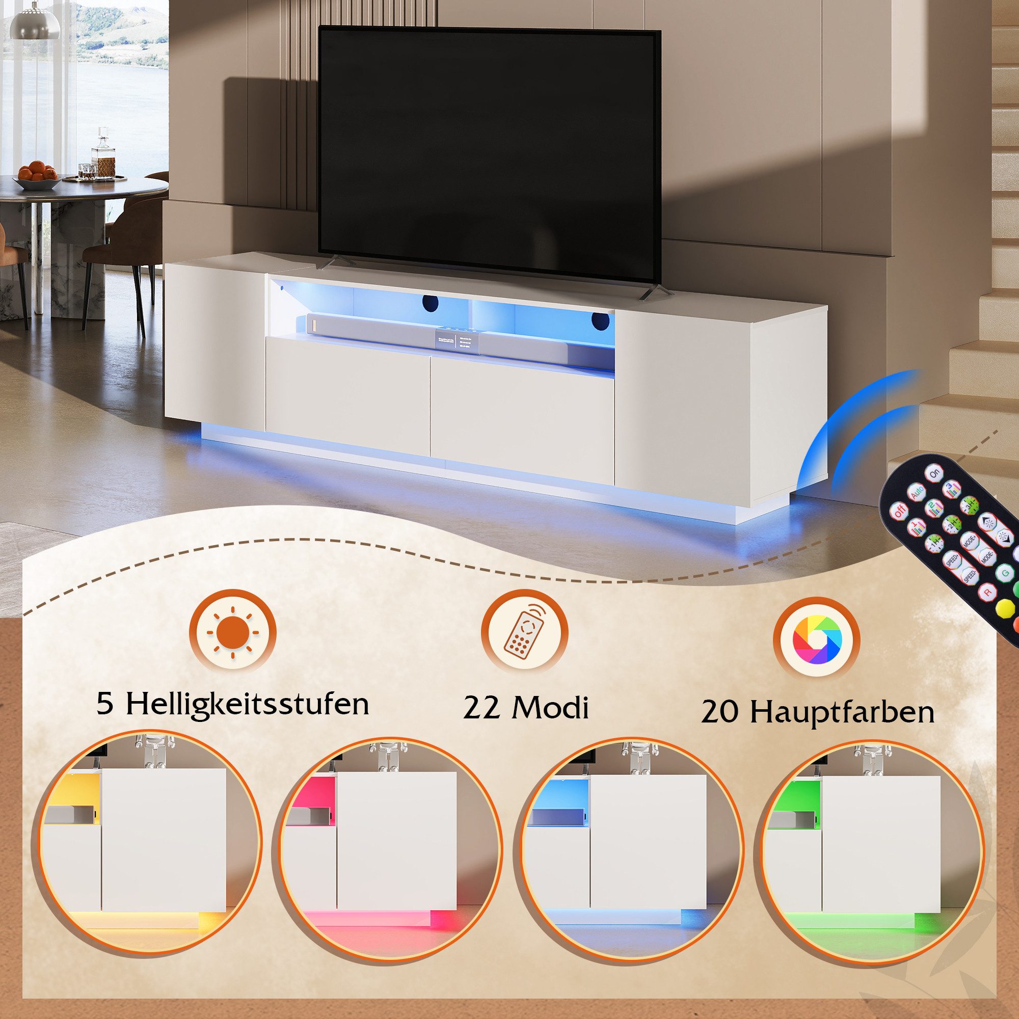 WLIVE TV-Schrank TV-Lowboard mit RGB-LED-Beleuchtung & Soft-Close, 122/170 × 36 × 45 cm (TV Board mit Schränken und 2 Freiflächen, großer Stauraum)
