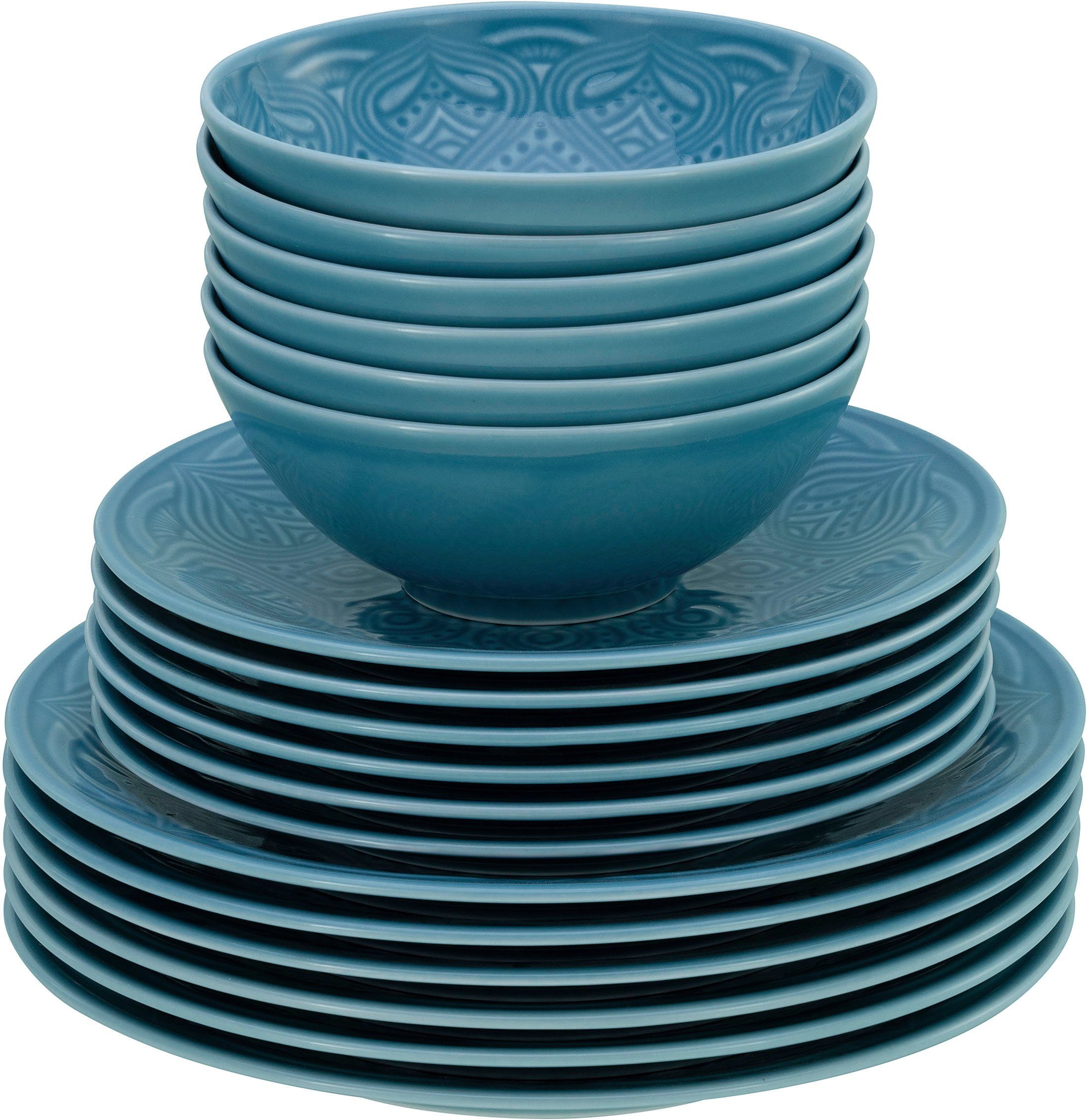 CreaTable Teller-Set Orient Mandala (18-tlg), 6 Personen, Porzellan, Speiseteller, Dessertteller und Schalen im Set blau