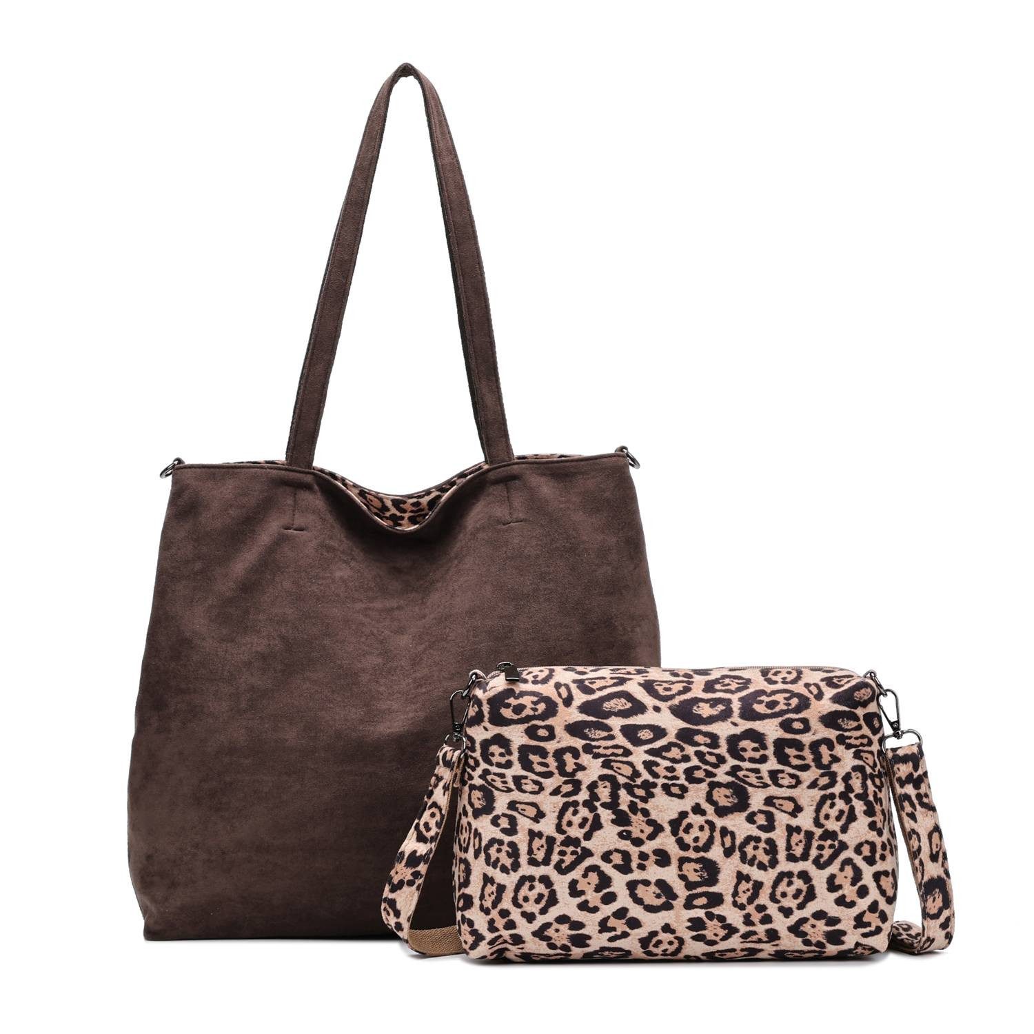 ITALYSHOP24 Schultertasche XL Damen Tasche Set 2in1 Shopper Tote Bag Crossbody Velours CrossOver (Spar-Set 2 in1 Hobo + Crossbody Bag / Schmucktasche, Leichtgewicht, Wildleder Optik), Leopard Umhängetasche Body Bag Beuteltasche Freizeit Henkeltasche Samt
