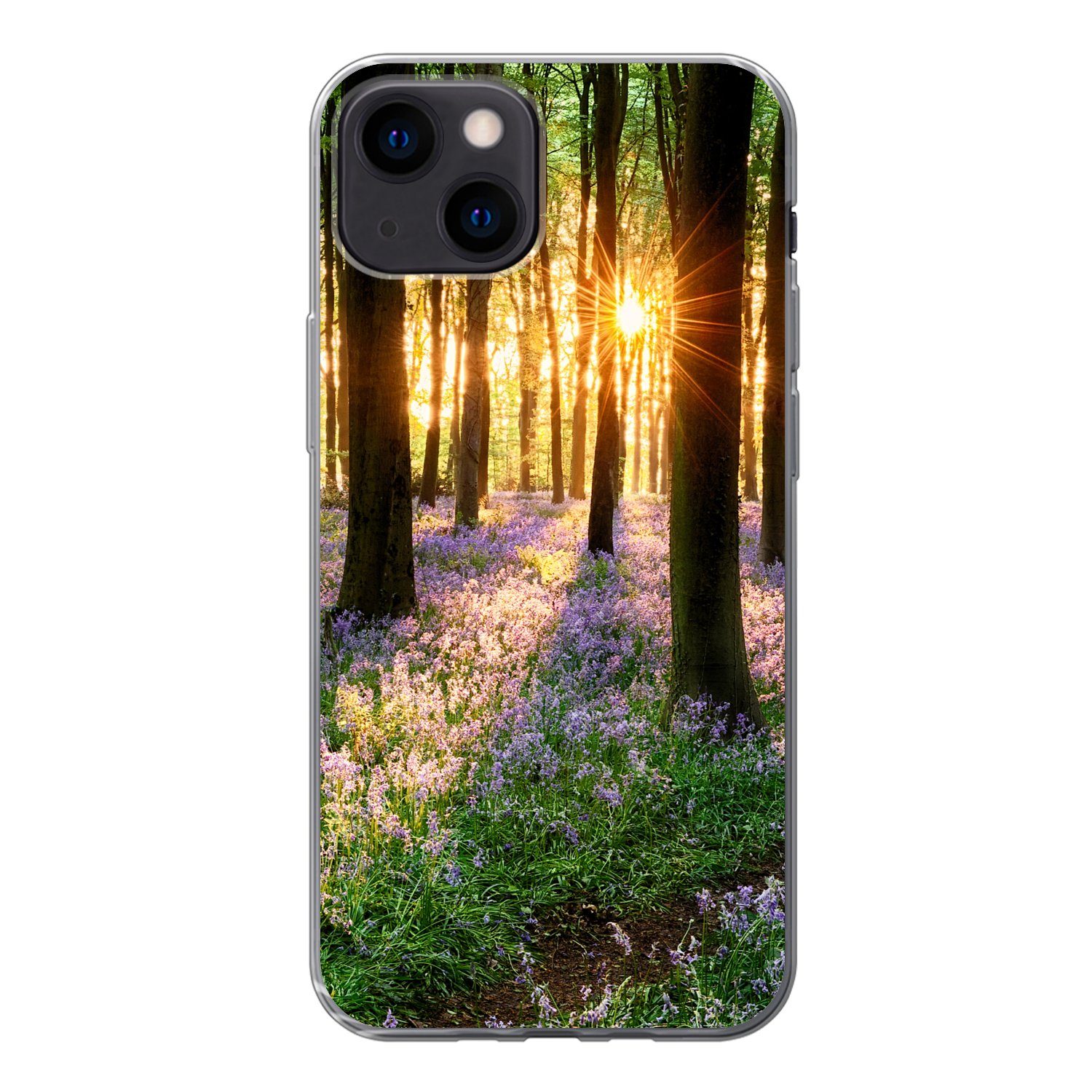 MuchoWow Handyhülle für Apple iPhone 13 mini Wald - Blumen - Lavendel - Sonne - Lila - Nat, Smartphone-Bumper, Print, Handy Schutzhülle Dünn