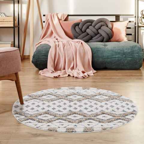 Hochflor-Teppich Focus 3050, Carpet City, rund, Höhe: 20 mm, Boho-Teppich, besonders weich, 3D-Effekt, Rauten Design