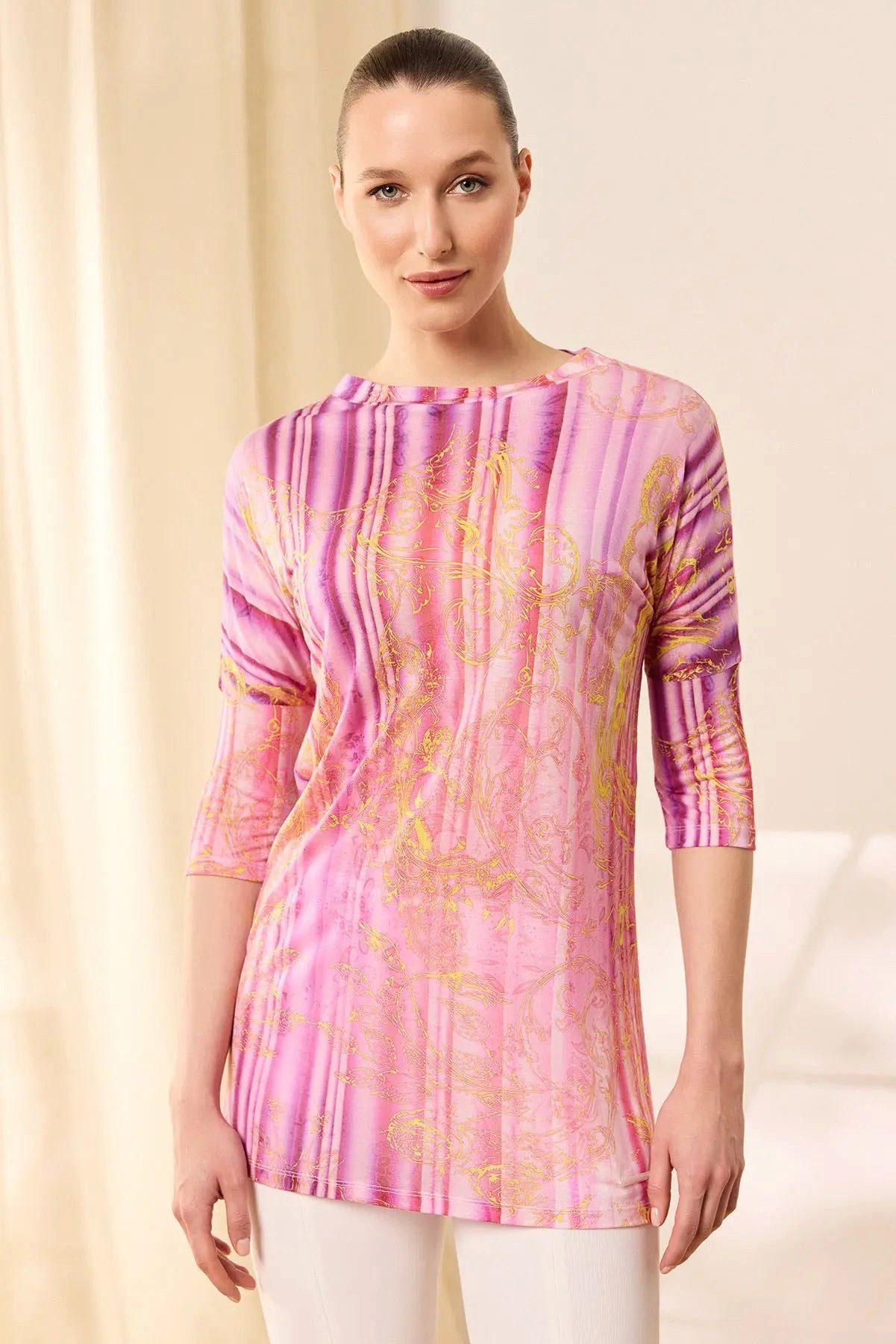 Silk and Cashmere Blusentop Rosewood & More Sirena Ethno-Print Super Slim Modal T-Ärmel-Top
