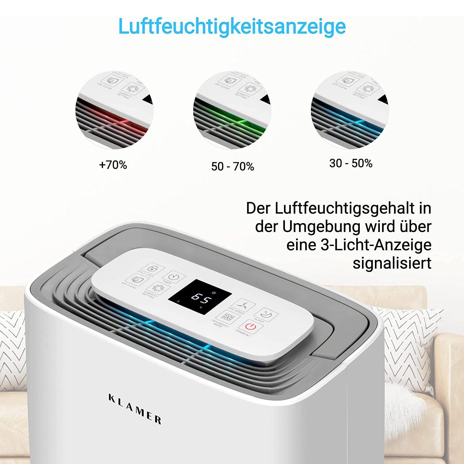 KLAMER Luftentfeuchter Elektrisch 20L, 195m³ Luftumwälzung pro Stunde, 420W starker Raumentf…, Entfeuchtung 20 l/Tag, Timer 1-24h, diverse Modi, Nachtmodus, Feu – Bild 5 von 5
