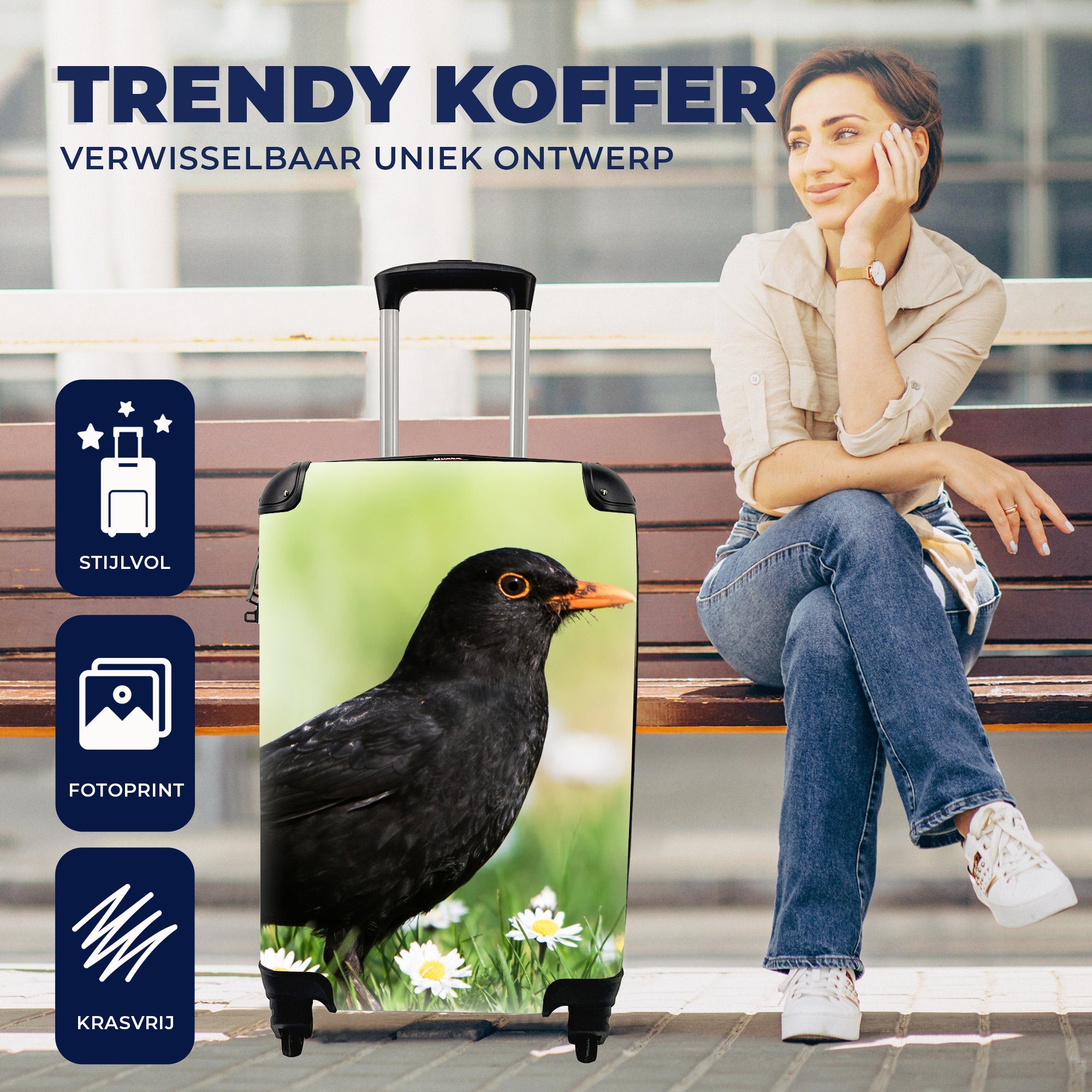 Reisetasche Amsel für Trolley, rollen, Vogel - - 4 Rollen, Reisekoffer Blumen, Handgepäckkoffer mit Ferien, Handgepäck MuchoWow