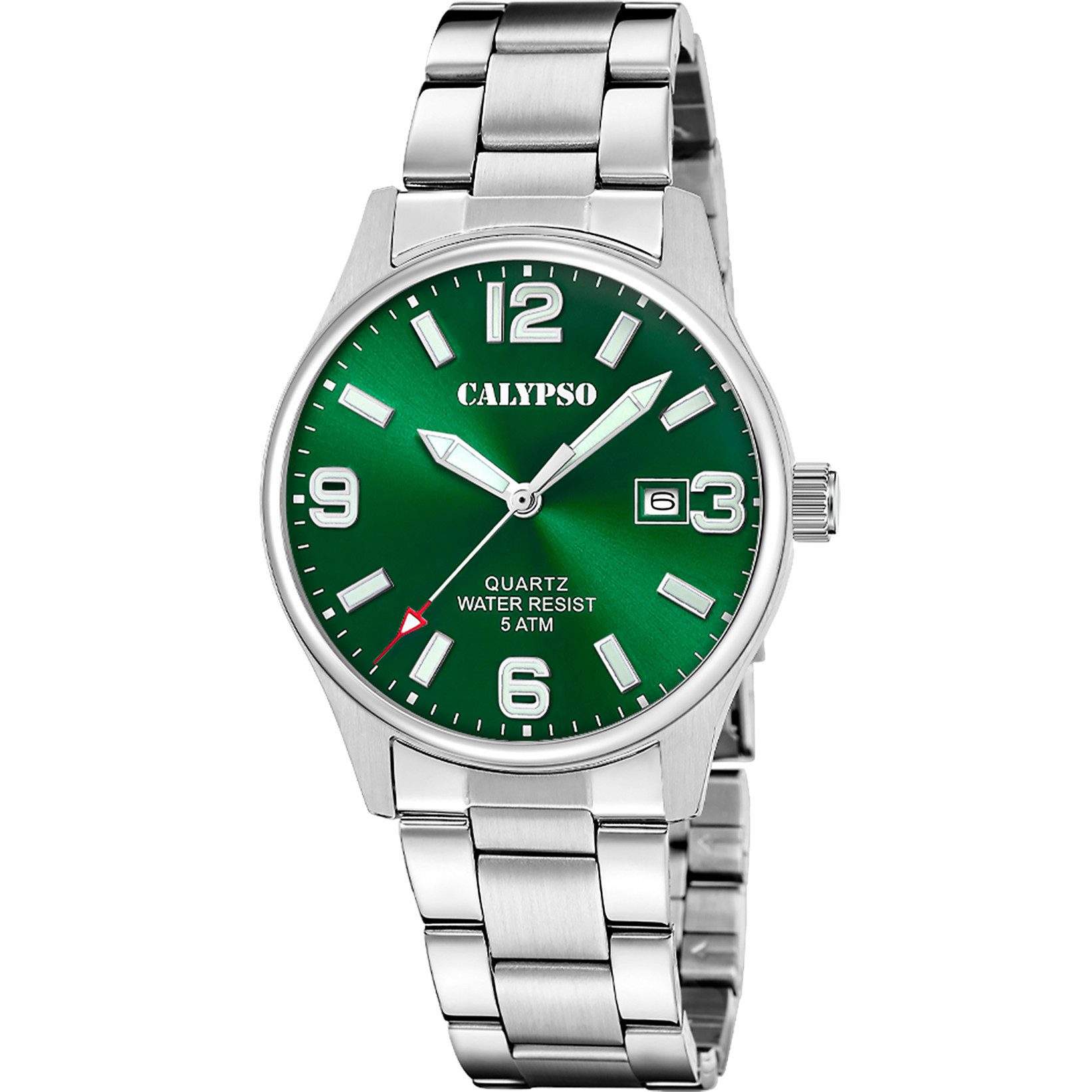 Calypso Quarzuhr Herrenuhr - Klassische Armbanduhr, grünes Zifferblatt, K5860/6, Edelstahlband, 39,5 mm