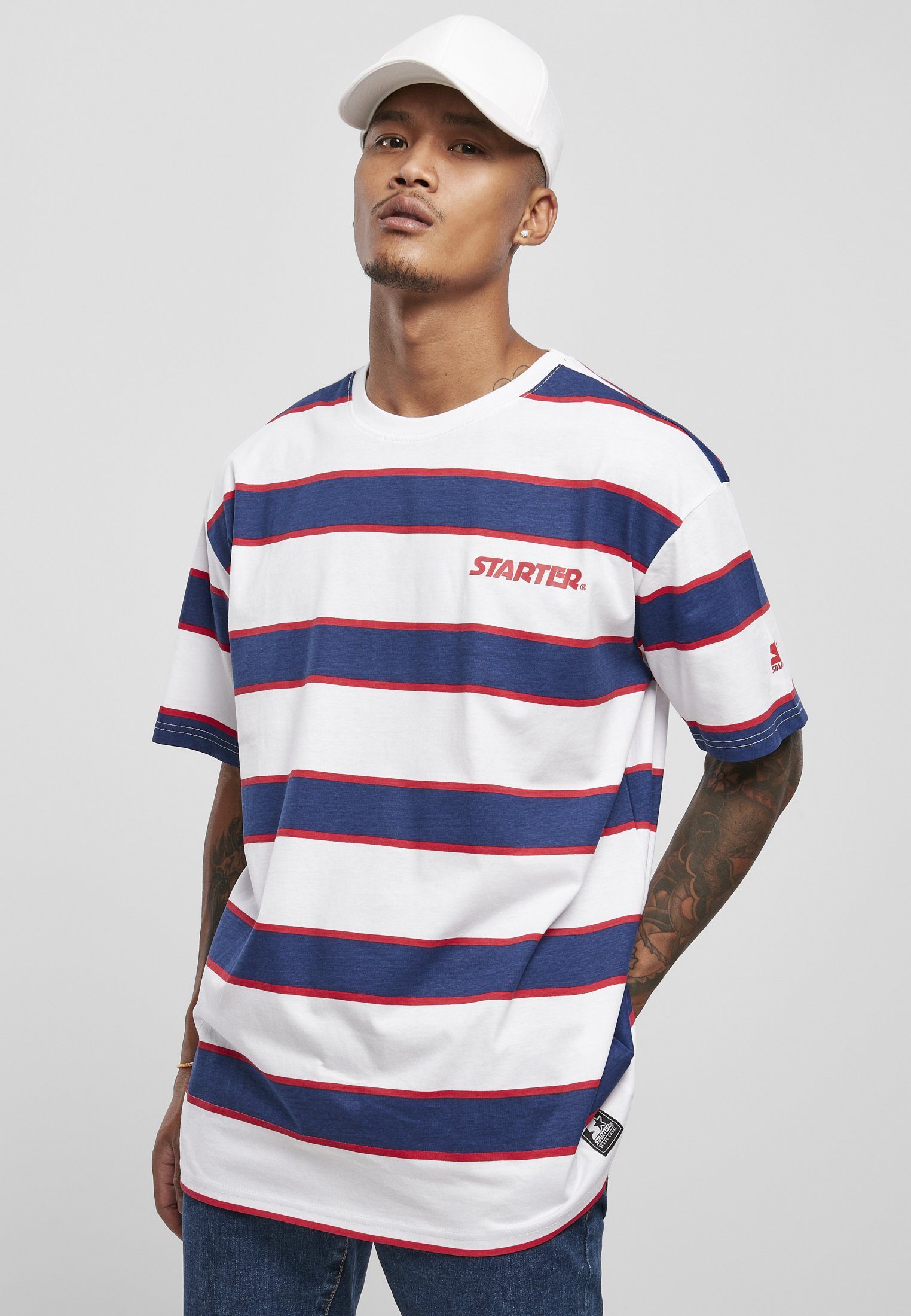 [Weniger als der halbe Preis] Starter T-Shirt Herren Starter Striped (1-tlg) white/blue Tee Logo