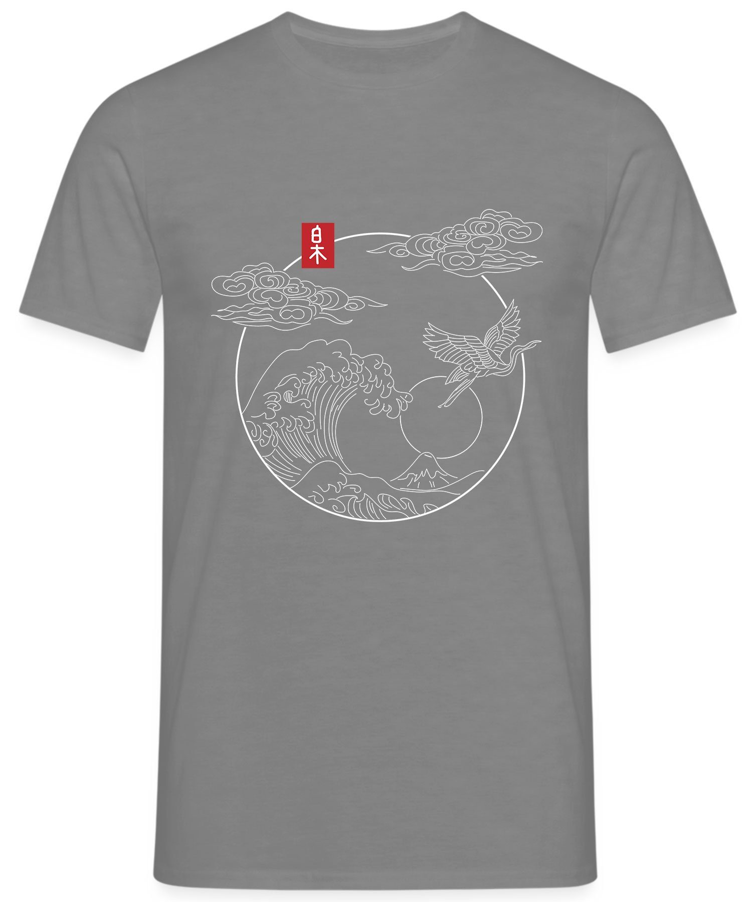 Quattro Formatee Kurzarmshirt Kranich vor Japan - Welle Kanagawa Heather Anime Herren Ästhetik Grau (1-tlg) Große T-Shirt