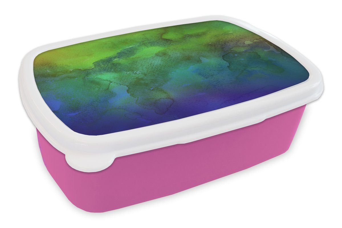 MuchoWow Lunchbox Aquarell - Grün - Farbton - Blau, Kunststoff, (2-tlg), Brotbox für Erwachsene, Brotdose Kinder, Snackbox, Mädchen, Kunststoff rosa