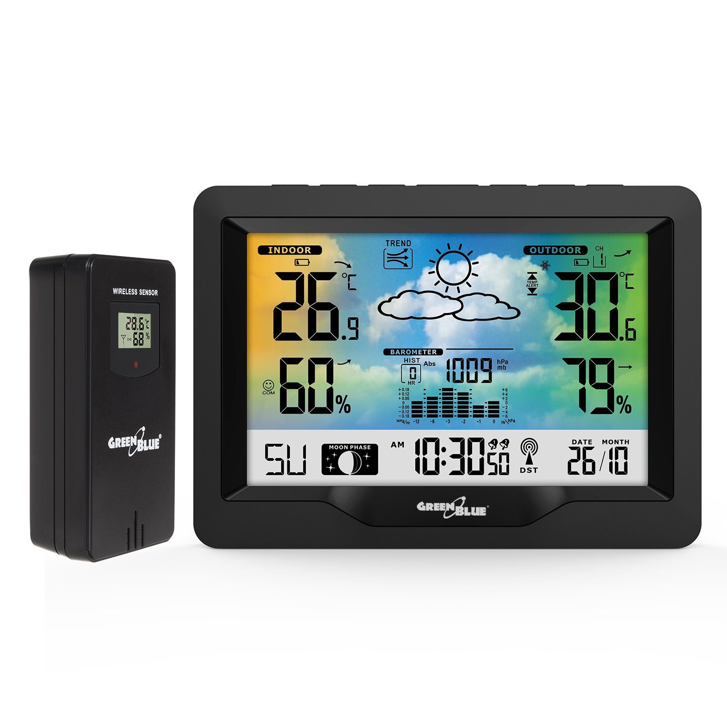 GreenBlue GB540 Funkwetterstation (mit Außensensor, Farbdisplay, Temperatur, Luftfeuchtigkeit, Luftdruck, Wettervorhersage)