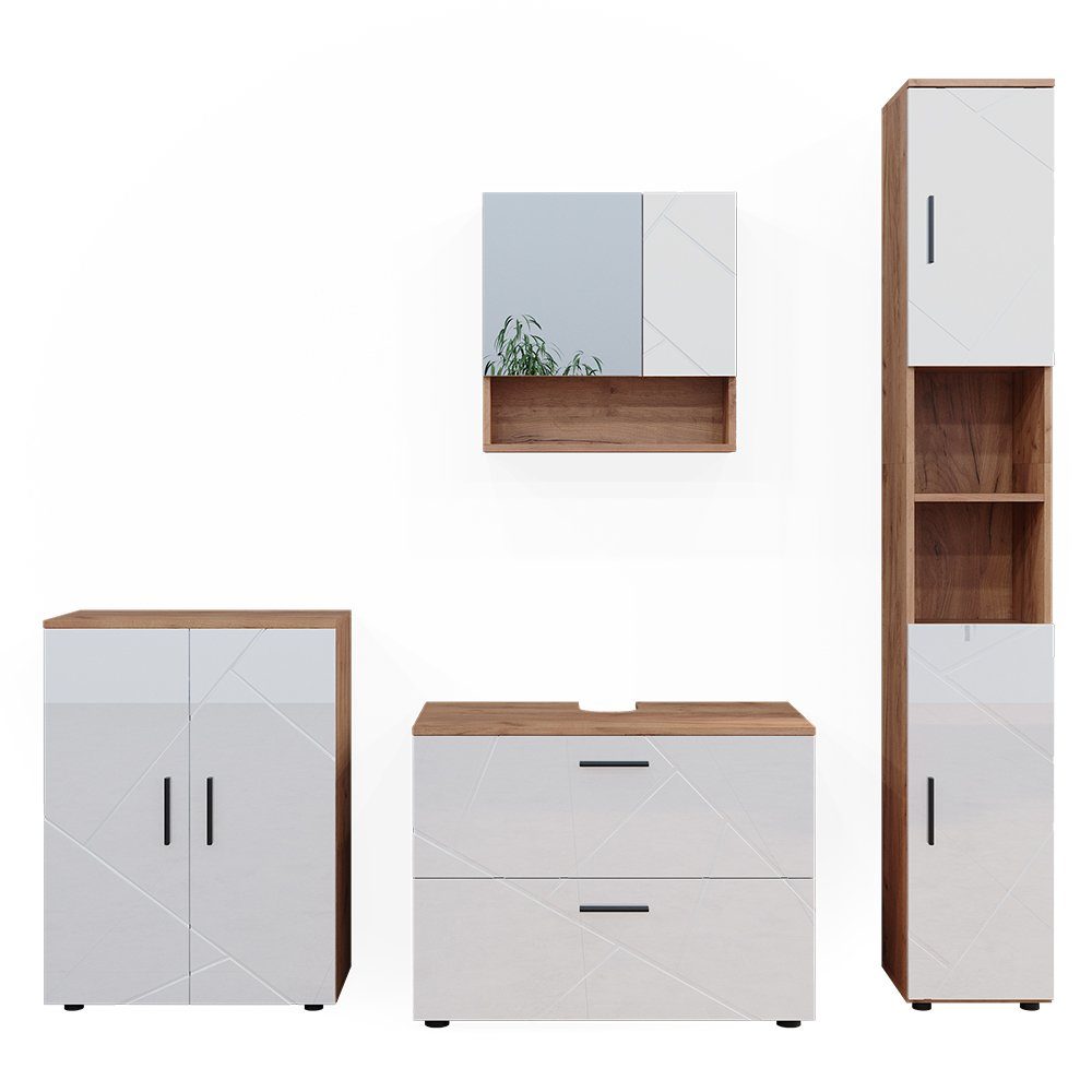 Vicco Badmöbel-Set Irma, Eiche/Weiß Hochglanz 4 Teile, schrank und Midischrank, (4-St., 4-er Set)