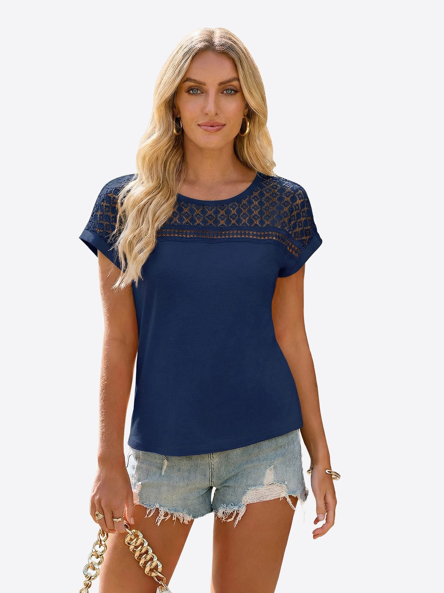 Imily Bela T-Shirt Damen Freizeit Bluse mit Spitze (Packung, 1-tlg., 1per-Pack) Ausgeschnittene Elemente