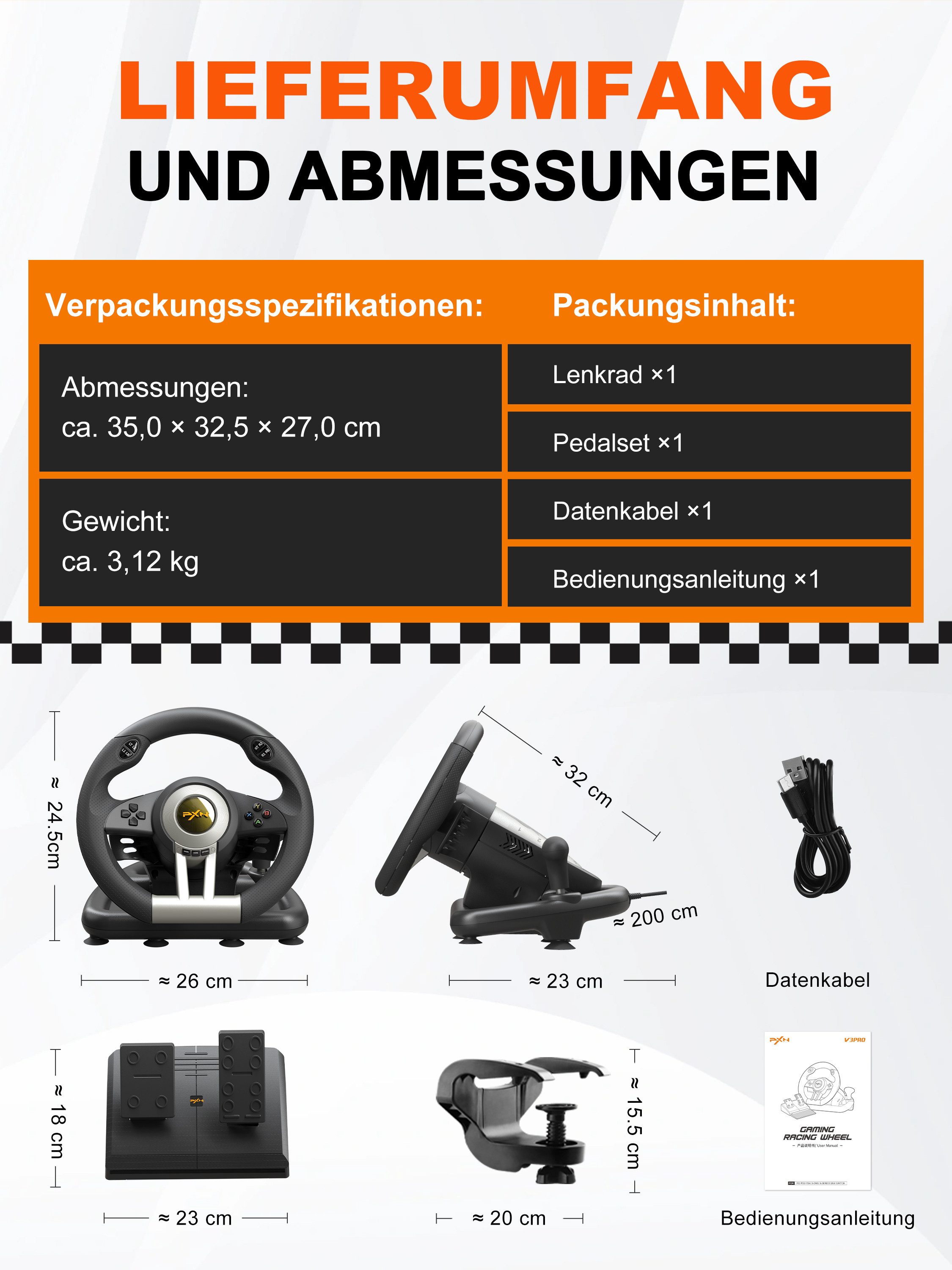 PXN V3 Pro Gaming-Rennlenkrad mit Pedalen, Dual-Motor-Vibration Gaming-Lenkrad (kompatibel mit PC, PS3, PS4, Xbox & Nintendo Switch)