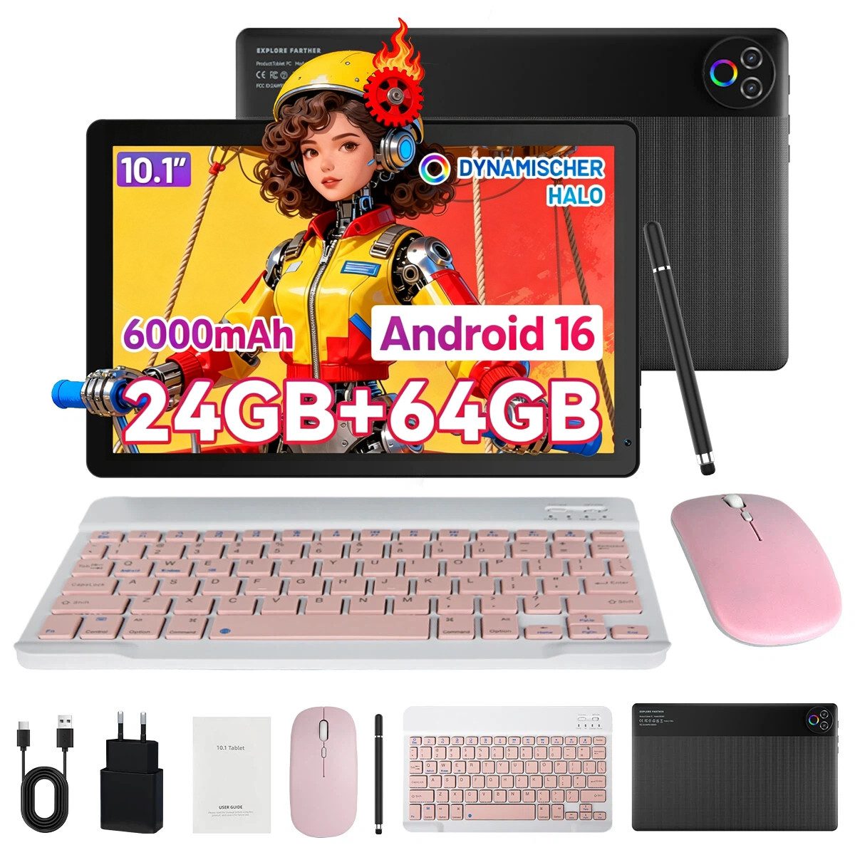 BUFO 10-Zoll-Tablet, 64GB, Android 16, HD IPS-Touchscreen, 6000mAh Tablet (10", 64 GB, Android 16, WiFi, Android 16, 64GB ROM, WiFi 6 BT5.4, mit Tastatur, Maus & Stift)