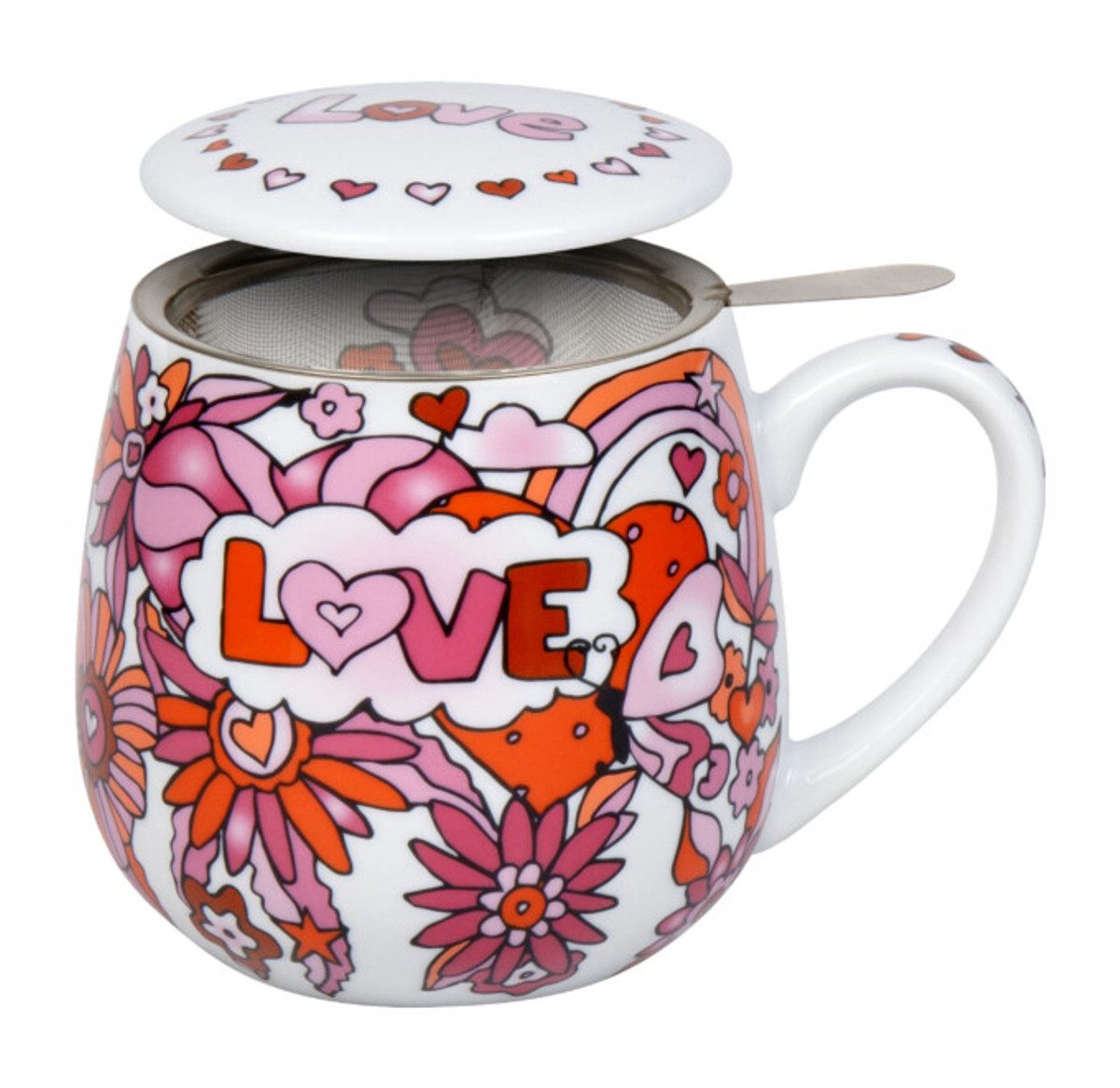 Könitz Tasse Power of Love Tasse mit Sieb und Deckel 0,4 L Porzellan Edelstahlsieb, 1-tlg., 3-teilig