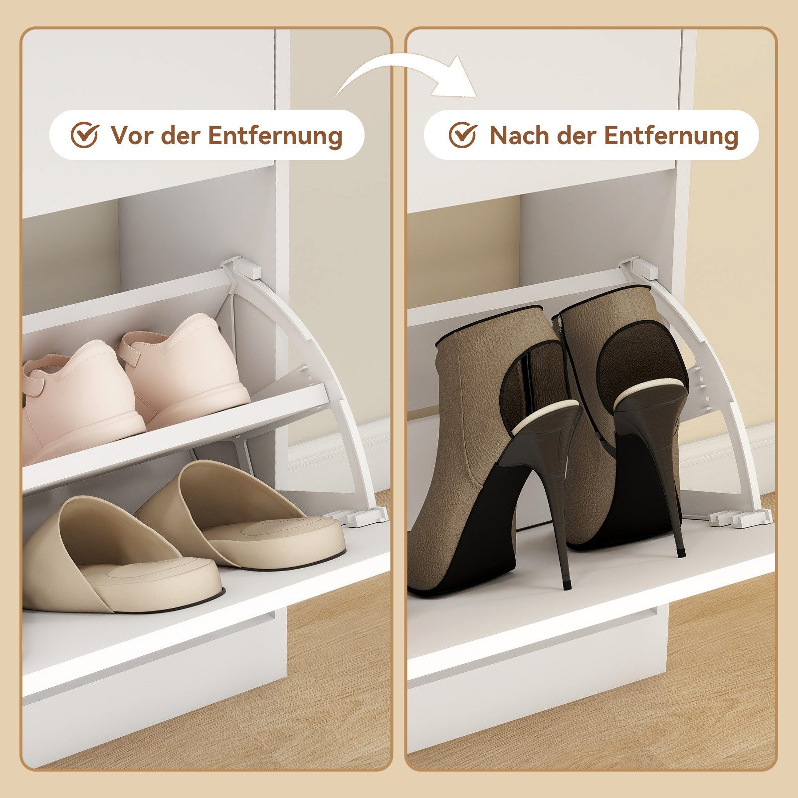 Puluomis Schuhschrank Schuhkipper mit 2 Schublade, 2 Klappen Schuhregal 24x80x106 cm (mit Kippschutz, weiß) – Bild 5 von 5