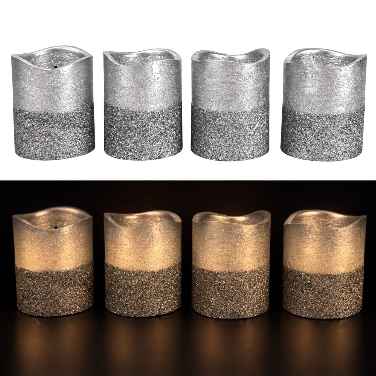 Online-Fuchs LED-Kerze 4 LED-Votivkerzen, Teelichter im Set mit Metallic Glitzer und Timer, KEINE Flamme, leuchtet aus dem Inneren, warmweißer Flackereffekt, praktische 6-Stunden Timerfunktion integriert