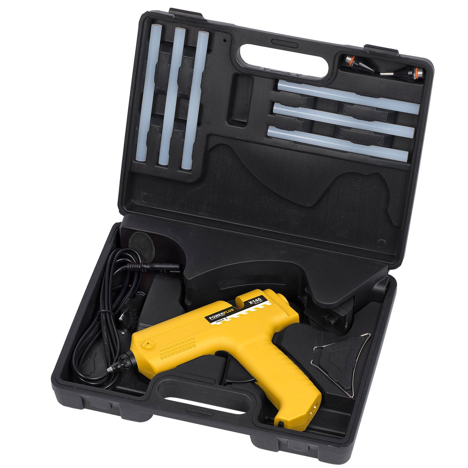 POWERplus Heißklebepistole kabellos, 6 Klebesticks und weiteres Zubehör, wechselbare Düsen