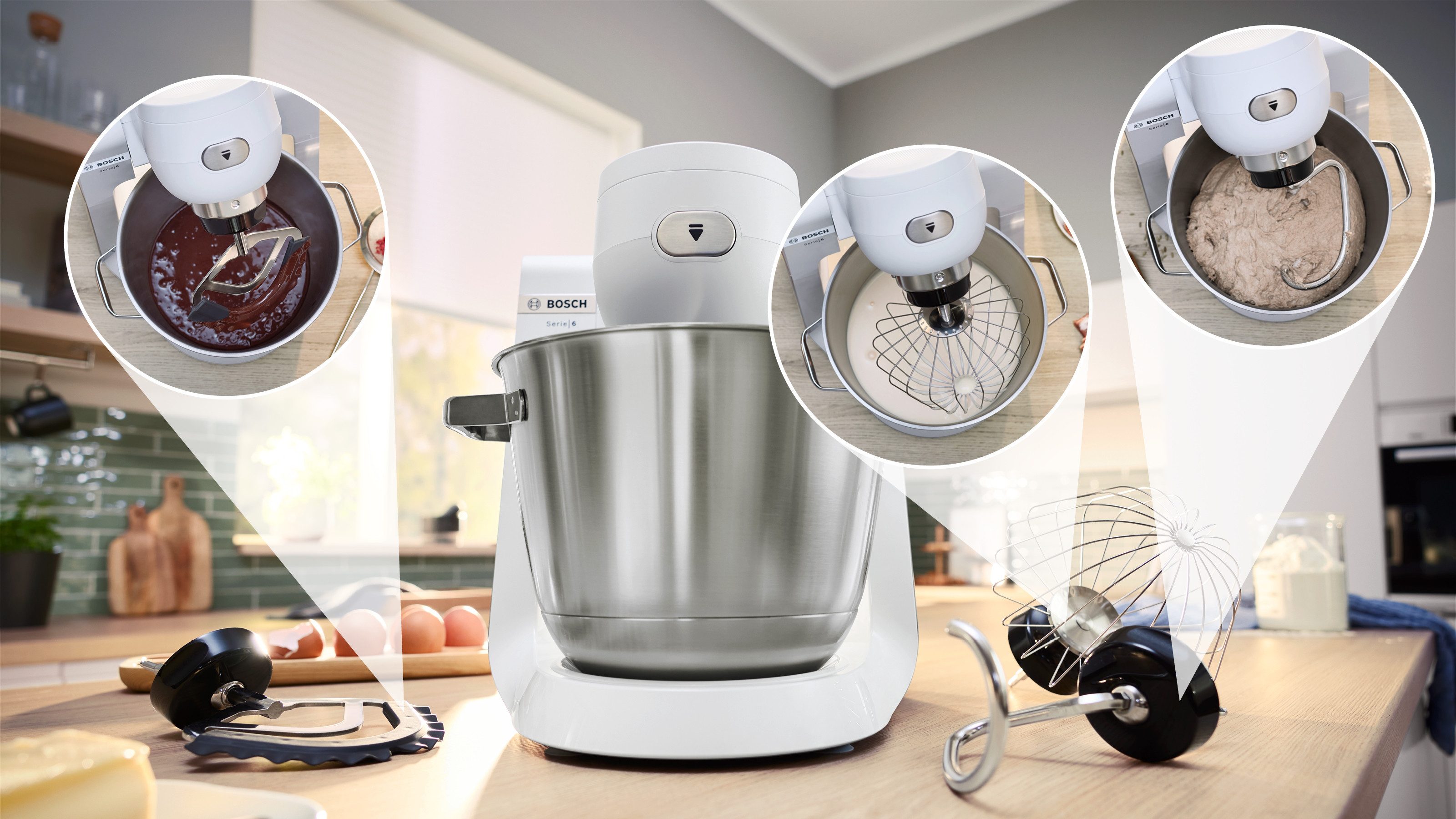 BOSCH Küchenmaschine Serie 6 MUMS6EW18, 2 Schüsseln (Edelstahl, Kunststoff), Deckel, weiß, 1600 W, 13,1 l Schüssel, 2 XL-Schüsseln (Edelstahl, Kunststoff), Pati – Bild 5 von 5