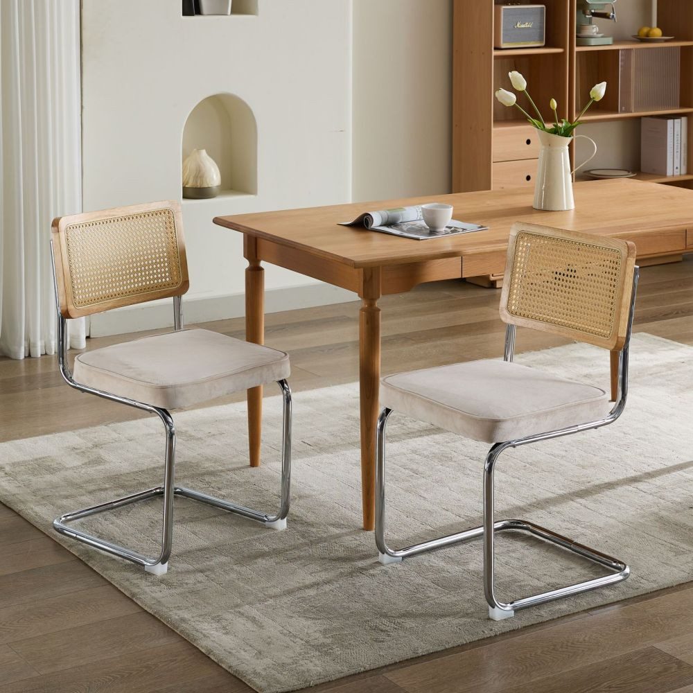 BBWL Polsterstuhl 2er Set Samt Rattan Freischwinger Stuhl mit Chromgestell, Mid Century Dining Chair