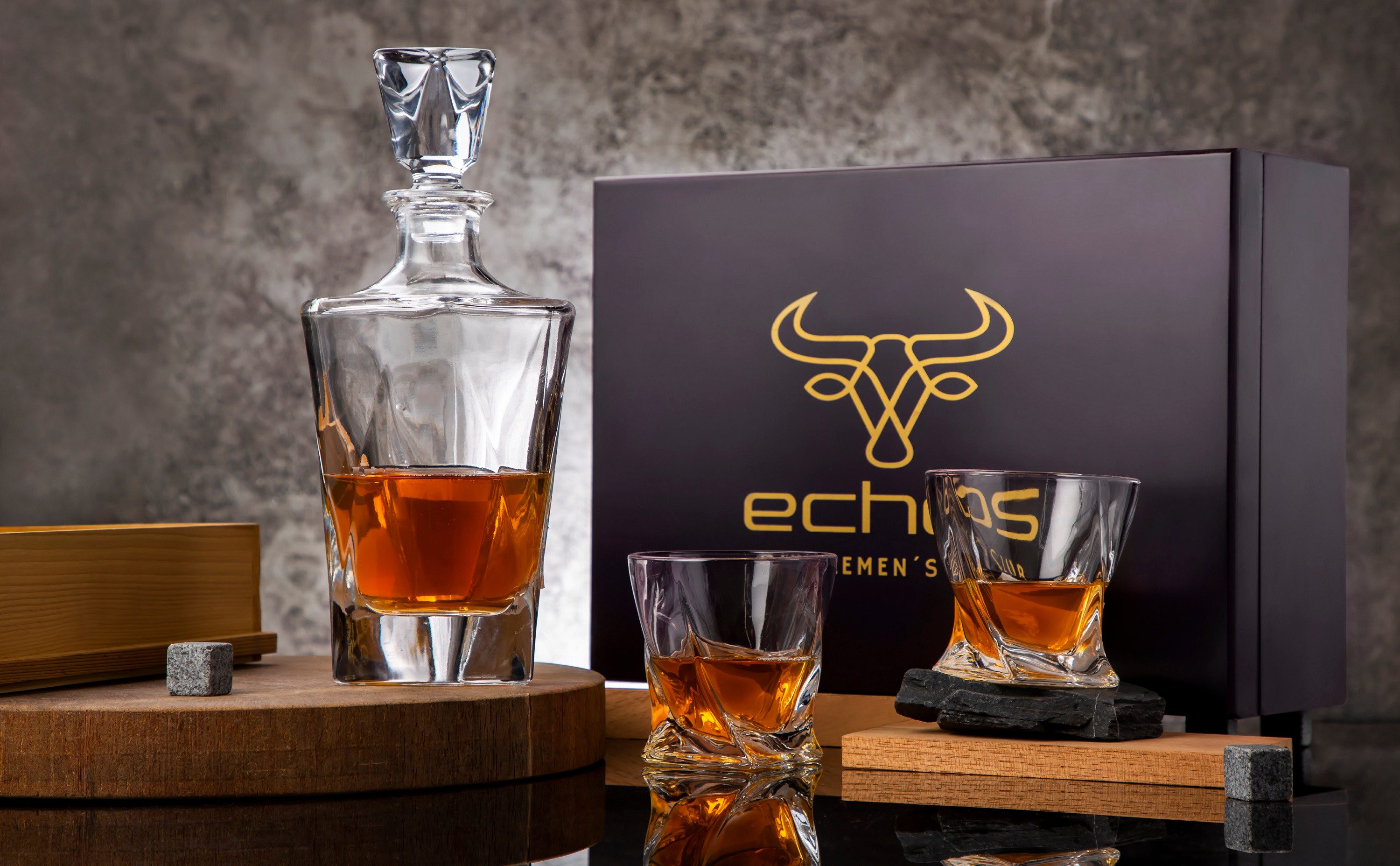 echos Gläser-Set Eco-5020, Glas, Whiskey Geschenkset 13-teilig,8 Granitsteine + Zange,Kalk-Natron-Glas