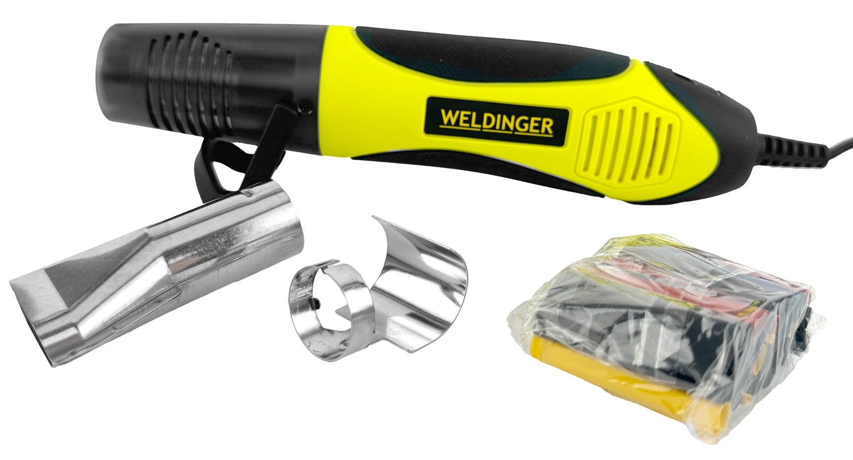 WELDINGER Heißluftgebläse Heißluftpistole HG-2 mini 450 W mit 2 Stufen 250°C / 450°C 2 m Kabel, bis max. 450 °C, (Set), klappbarer Ablageständer, ergonomischem Zweikomponentenhandgriff