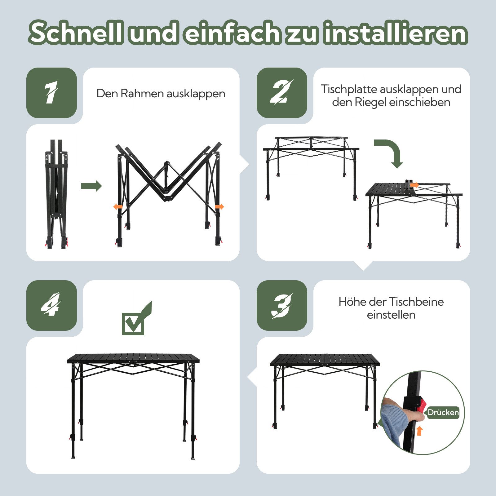 HOMECALL Klapptisch Campingtisch Klappbar Balkontisch Gartentisch Tragbar Outdoor Tisch (Aluminum Roll Up Tabletop, Höhenverstellbares Bein(76/84,5/92,5 cm), bis 100kg), Robust, stabil, für 4-6 Personen
