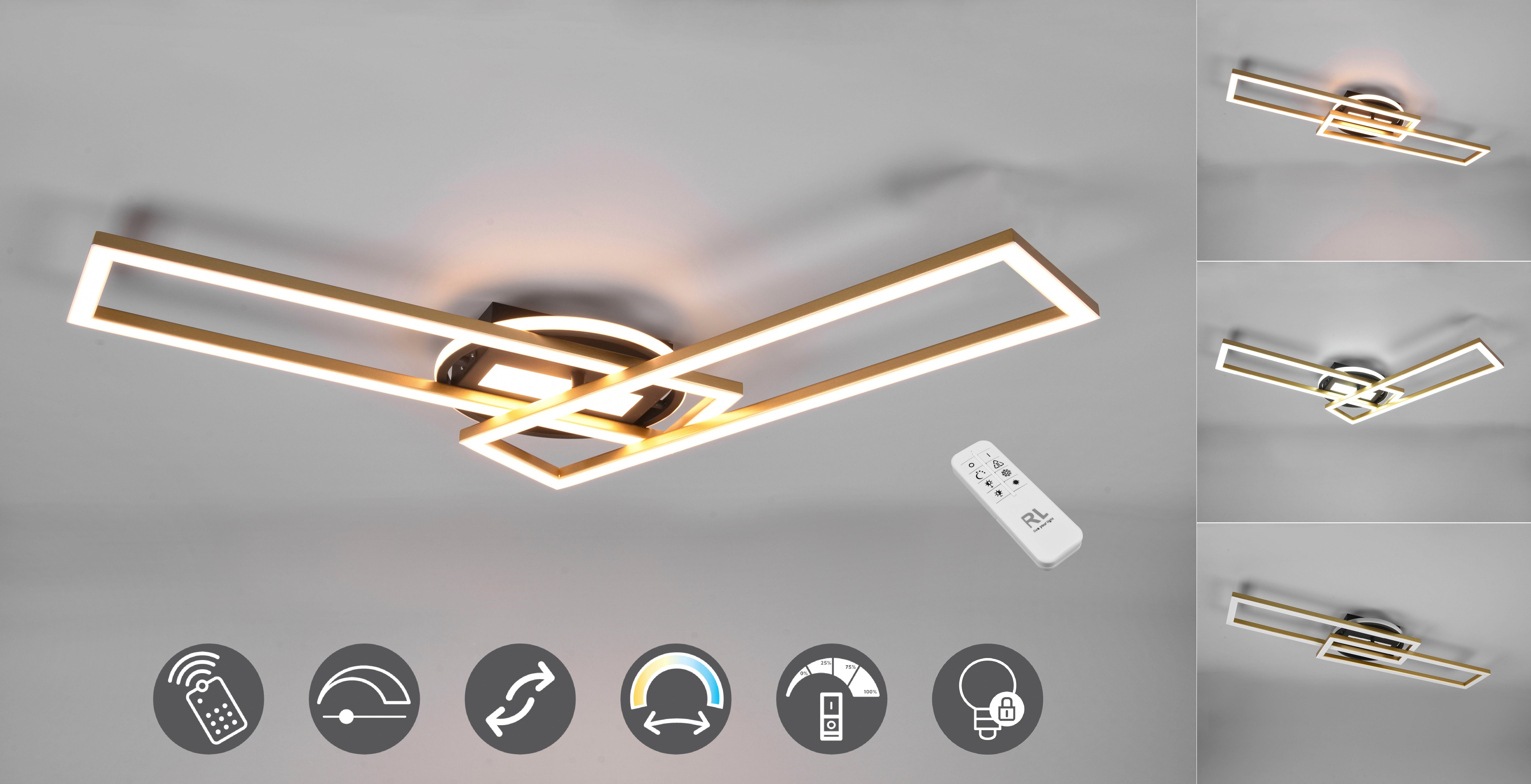 TRIO Leuchten LED Deckenleuchte Twister, CCT - über Fernbedienung, Dimmfunktion, Farbwechsel, LED fest integriert, warmweiß - kaltweiß, Deckenlampe 4500 Lumen Lichtfarbe einstellbar Fernbedienung Memory messing matt