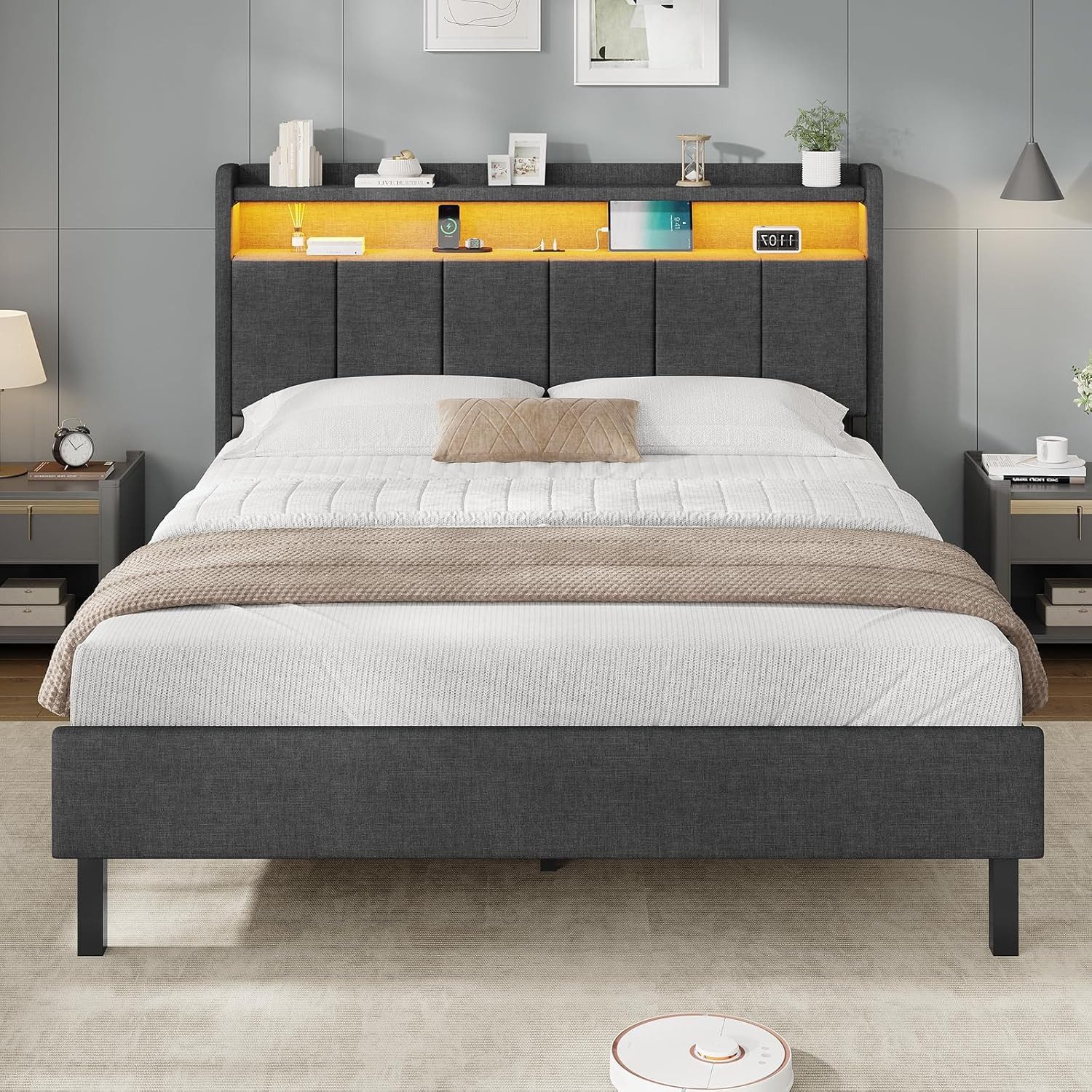 MSMASK Polsterbett mit integrierter LED-Beleuchtung und Ladestation, Stauraumbett (Ohne Matratze), Jugendbett Doppelbett mit Holzlattenrost, 140x200cm