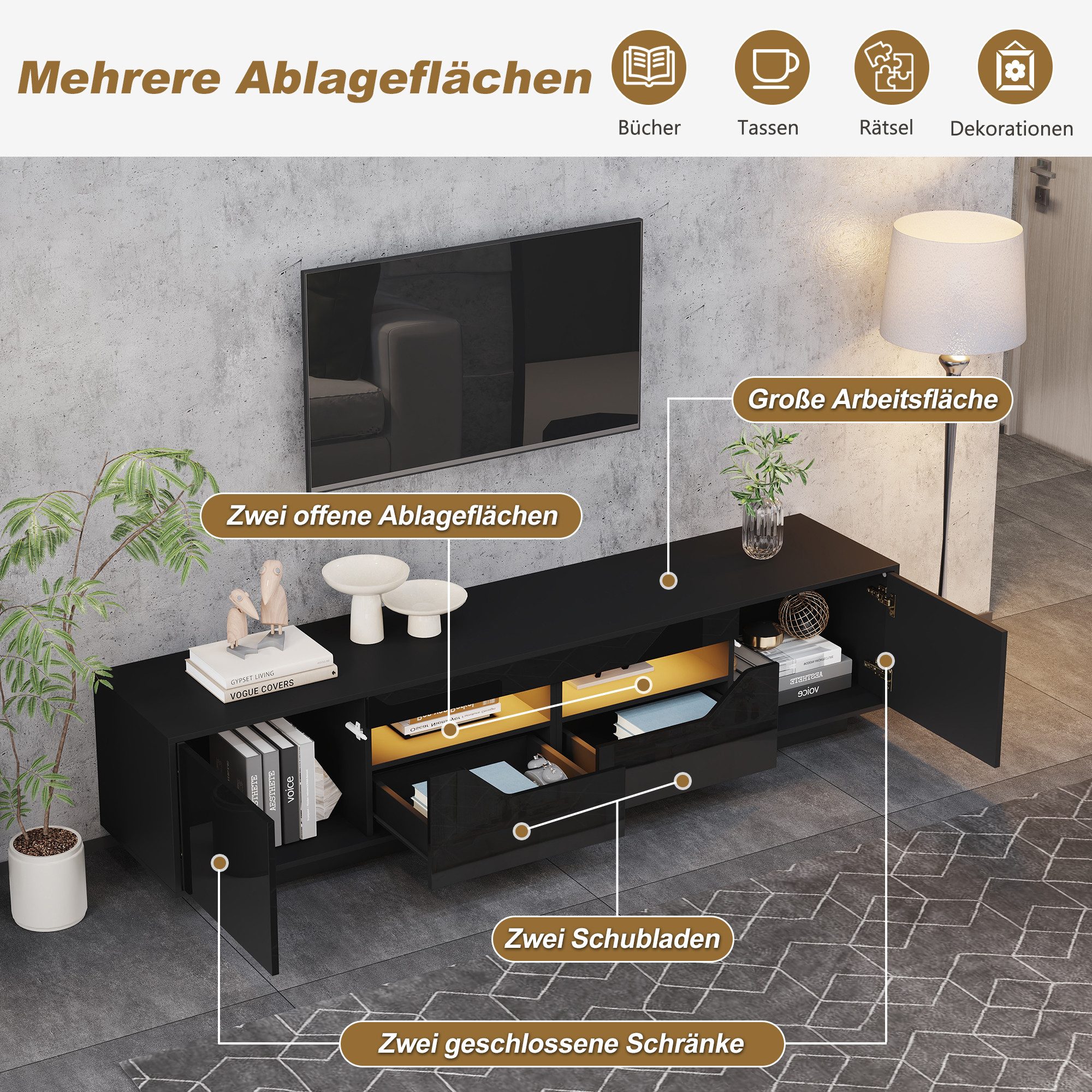 Merax Lowboard hochglanz Fernsehschrank mit LED-Beleuchtung (Für Fernseher bis 75 Zoll, 1 St., Push-to-Open-Funktion), TV-Schrank mit 2 Schubladen,2 Schränken & – Bild 4 von 5