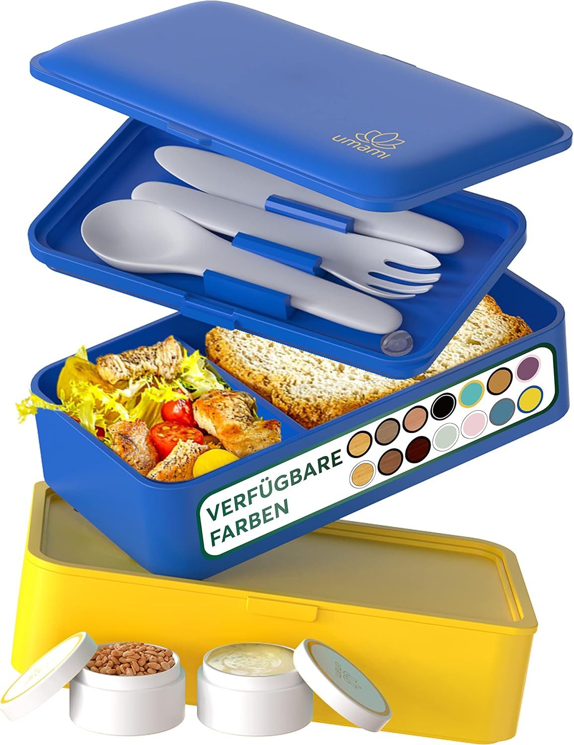 UMAMI Lunchbox All-in-1 1,2L Brotdose - mit Besteck und 2 Saucenbehältern, (für Erwachsene mit Zubehör), Auslaufsichere Brotbox mit Fächern für Meal Prep