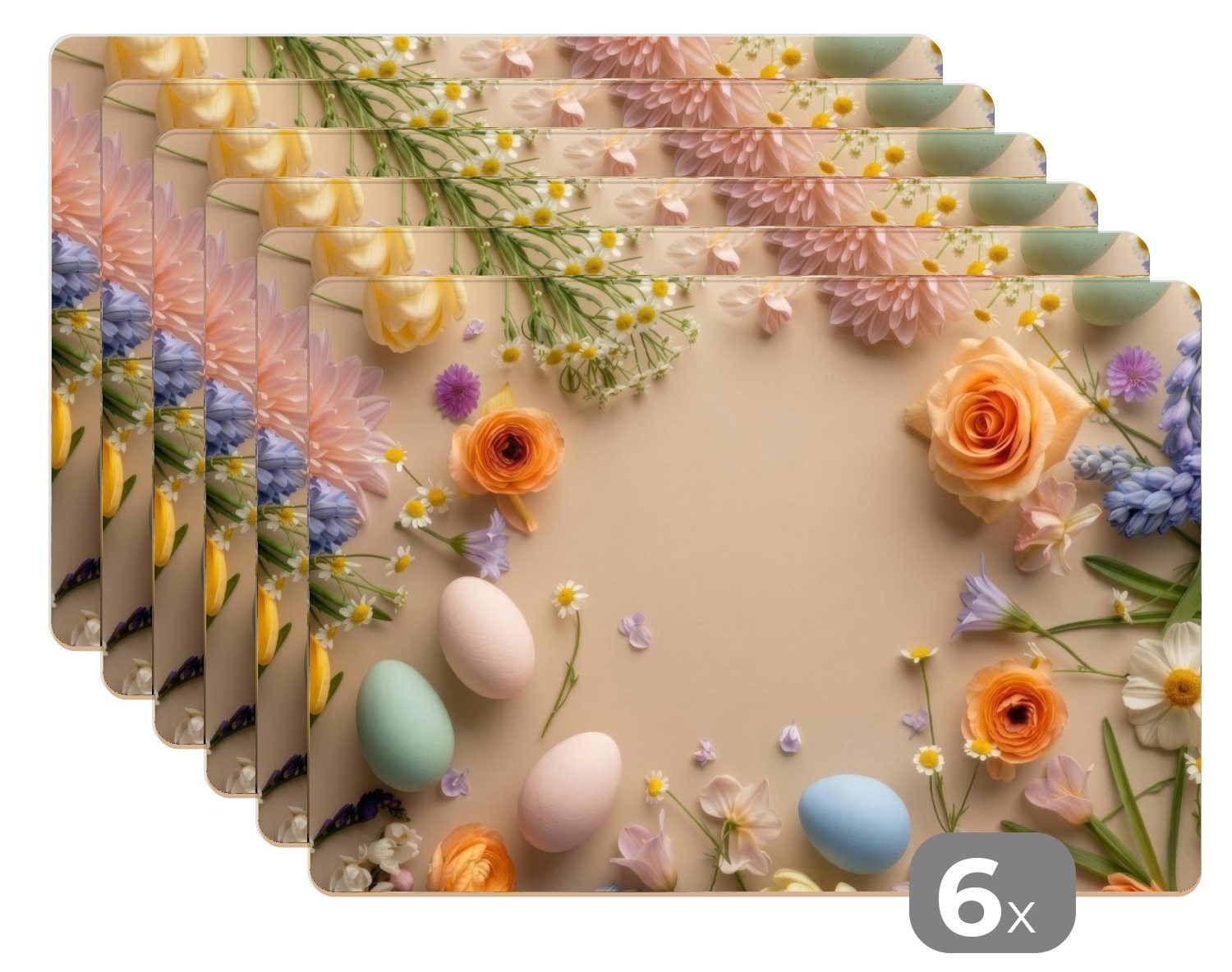 MuchoWow Platzset Blumen - Pastellfarben - Ostereier - Taupe, (6-St), Platzsets, Tischset, Abwaschbar, Tischsets, Platzdeckchen