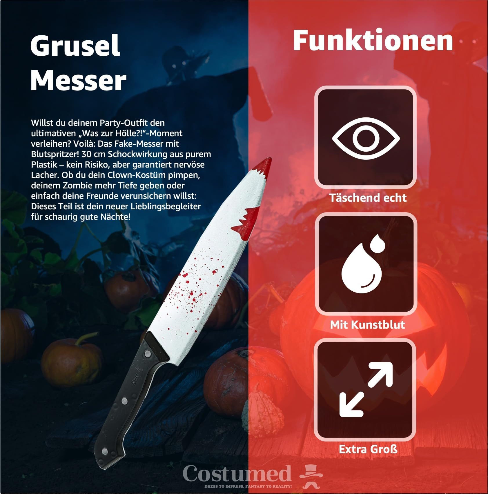 Costumed Kostüm Täuschend Echt Fake Messer mit Blut ca. 34 cm als Accessoire