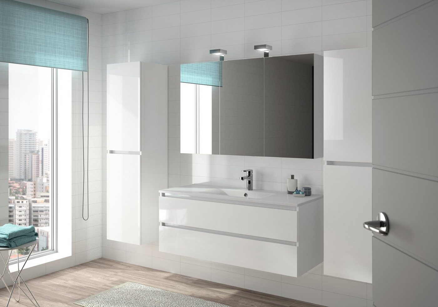 Allibert Badmöbel-Set »Alma«, (5-St), bestehend aus Waschplatz, Spiegelschrankmit 2 Aufsatzleuchten und 2 Hochschränken-HomeTrends