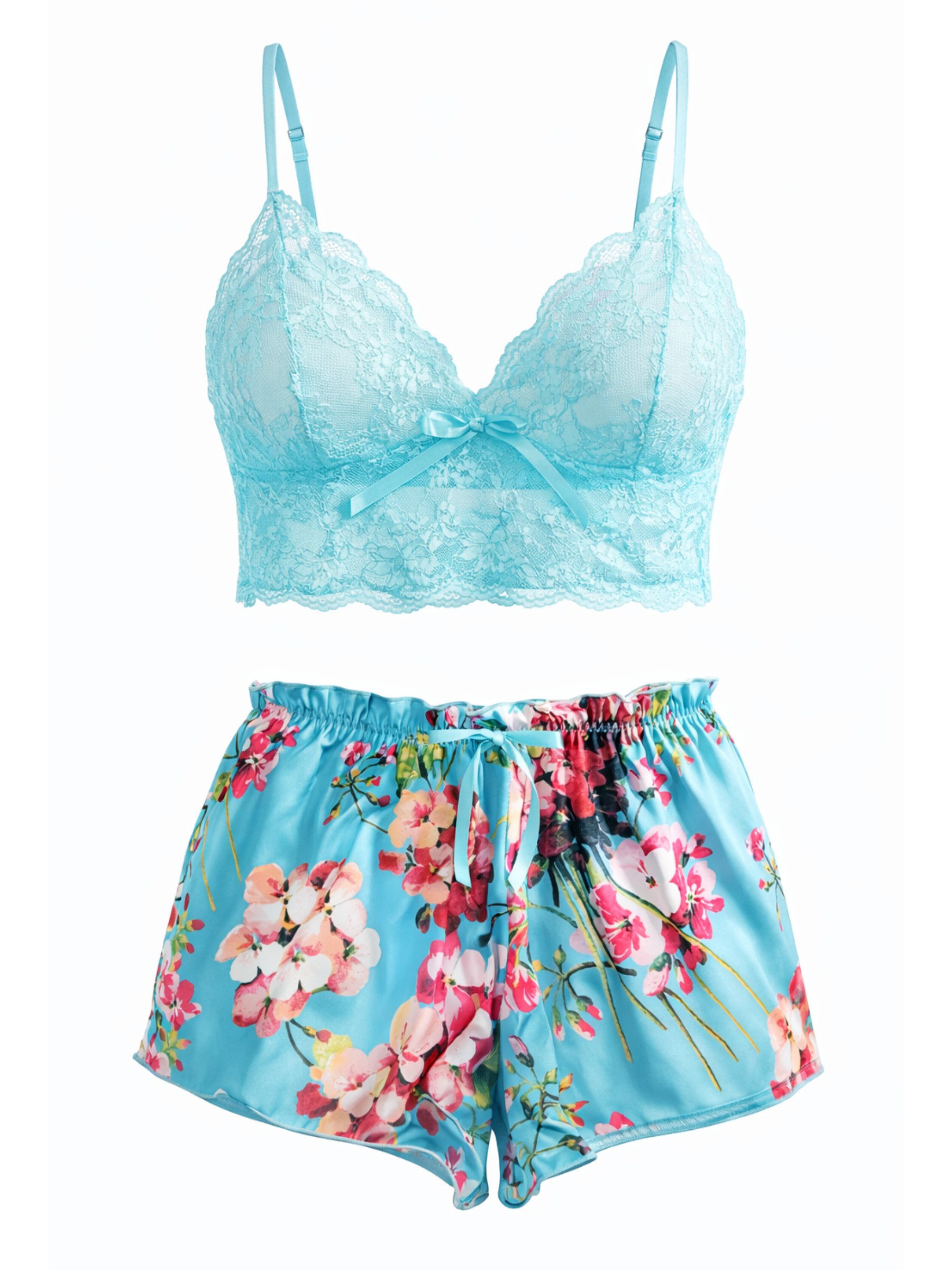 Elegant Love Shorty Sexy Dessous-Set – Luxus Nachtwäsche & Stilvolle Loungewear für Damen (Lingerie-Set, 2 tlg., Bralette aus Spitze + Shorts) Sinnliches Bustier und Satin-Hotpants mit elegantem Blumenmuster