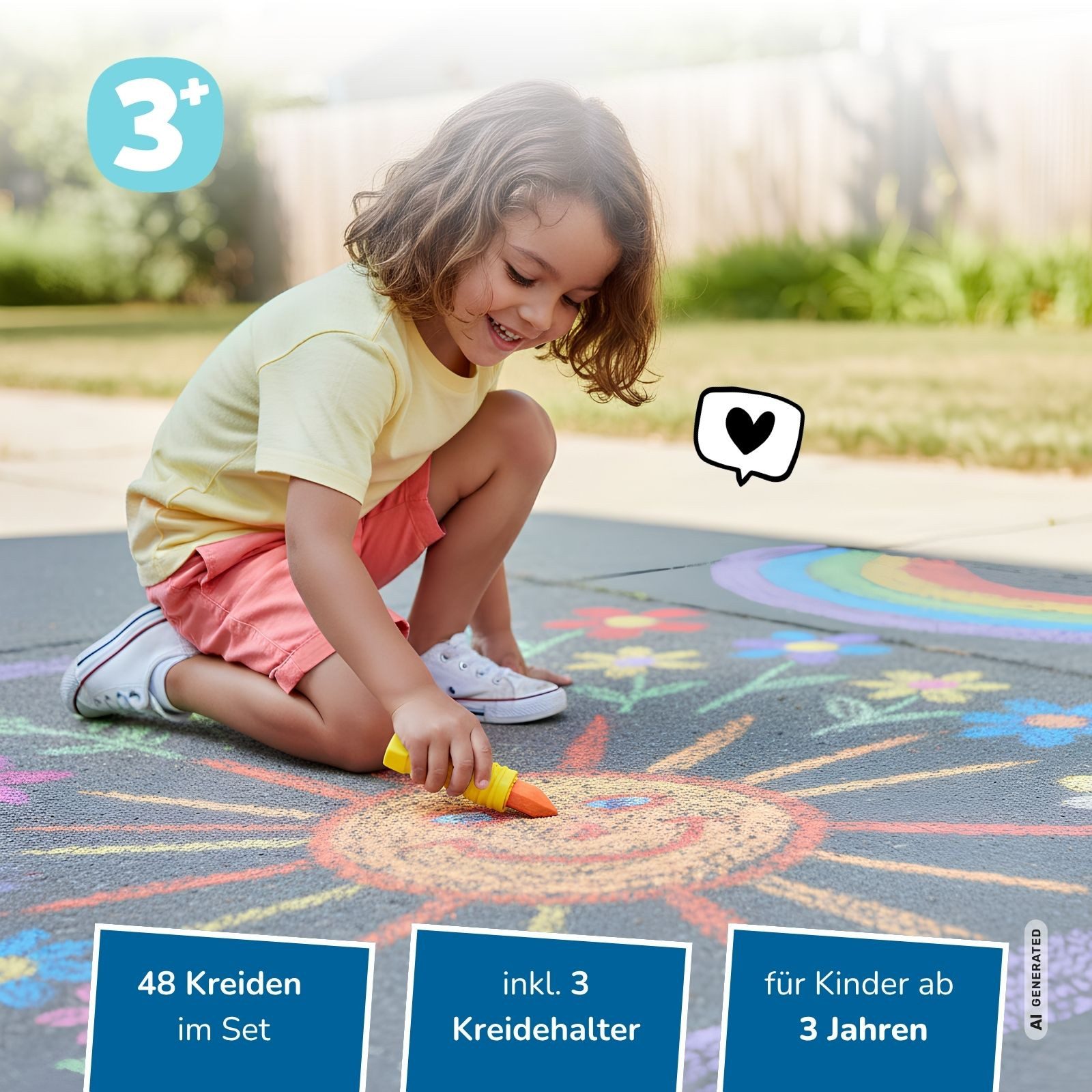 alldoro Malkreide Großes Straßenmalkreide-Set, 48 Kreiden in Neon, Batik & Vollfarben, Straßenkreide für Kinder ab 3 Jahren, inkl. 3 Kreidehalter
