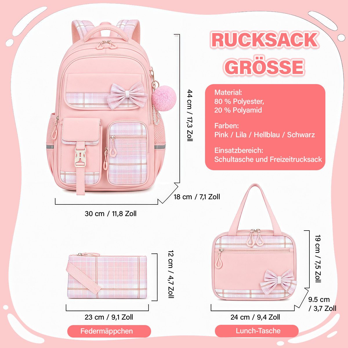 MOPUEA Schulrucksack Schulrucksack Set Schultasche 3-teilig mit Lunchtasche Federmappe (Set, 3-tlg., Atmungsaktiv Wasserabweisender), Leicht Schulrucksack Teena – Bild 2 von 5
