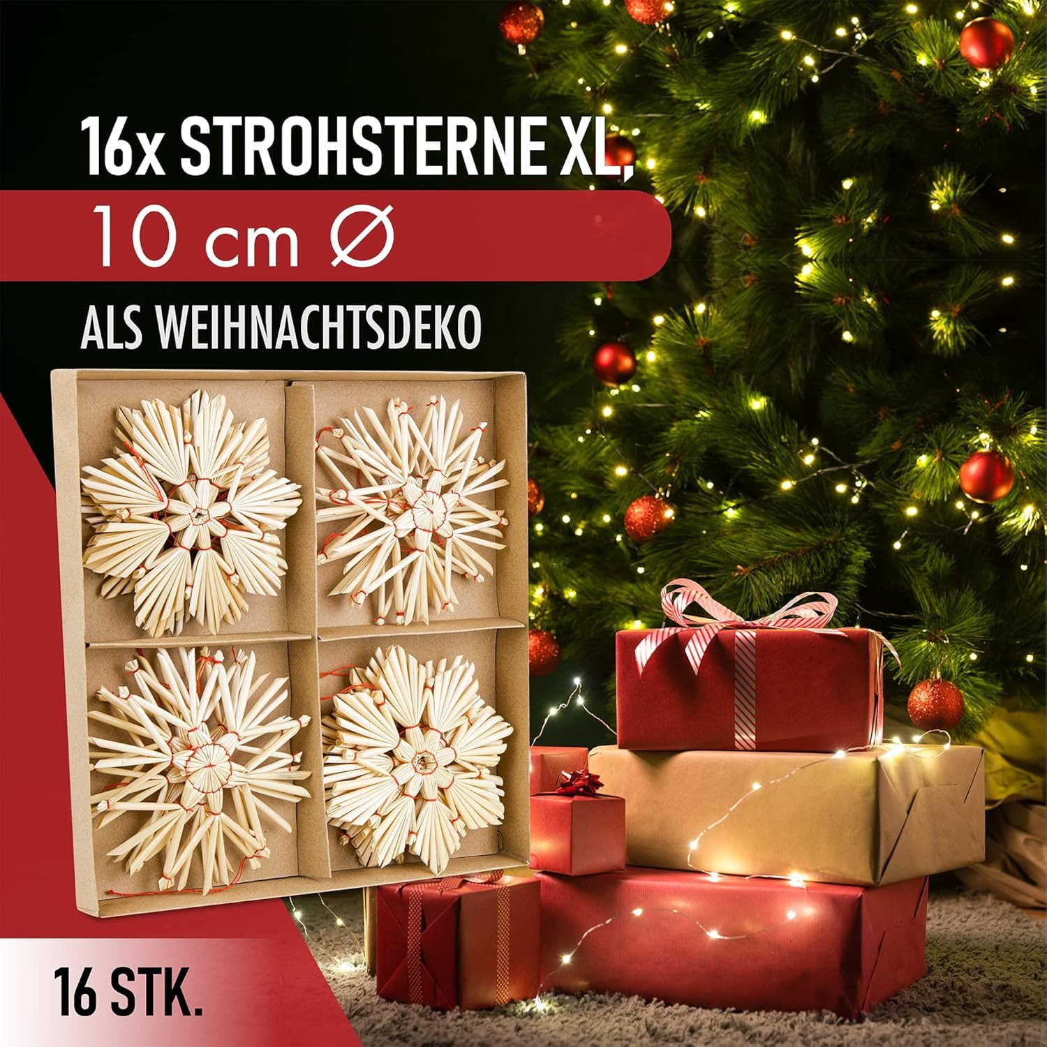 BEESI Christbaumschmuck 16x Strohsterne Set Ø 10cm I Christbaumschmuck Retro I Baumschmuck (16-tlg), I Weihnachtsbaumschmuck Strohsterne Retro – Bild 2 von 5