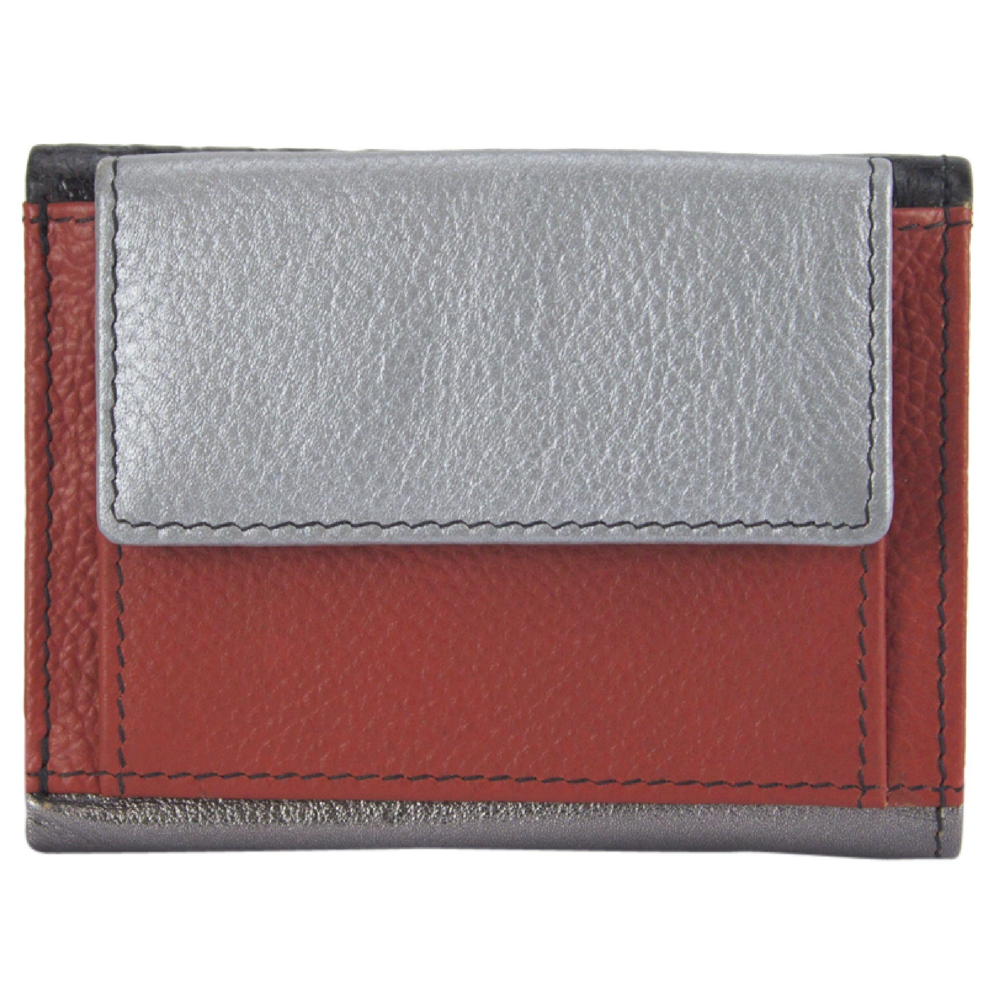 Sunsa Mini Geldbörse Mini klein Leder Geldbörse Geldbeutel Portemonnaie Brieftasche, echt Leder, aus recycelten Lederresten, mit RFID-Schutz, Unisex rot/silber/schwarz