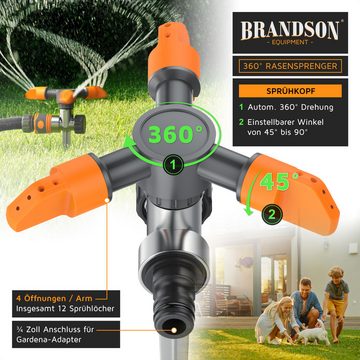 Brandson Kreisregner 3-fach Rasensprinkler mit Erdspieß, 360° Flächenregner, Sprühregner, für Flächen bis 150 m², 14 cm lang, (1-St), 3 Arm Sprinkler, 45° - 90° Winkel, 7m Reichweite, robuster Spike