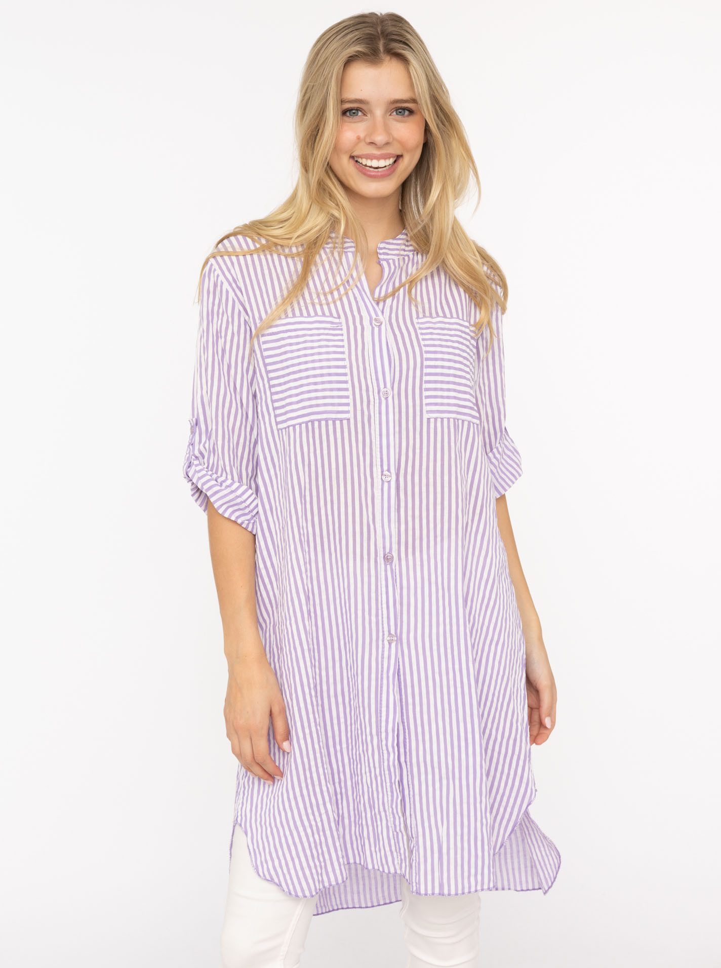 Zwillingsherz Longbluse "Kida" One Size, Streifen, Knopfleiste, Brusttaschen, 3/4-Arm