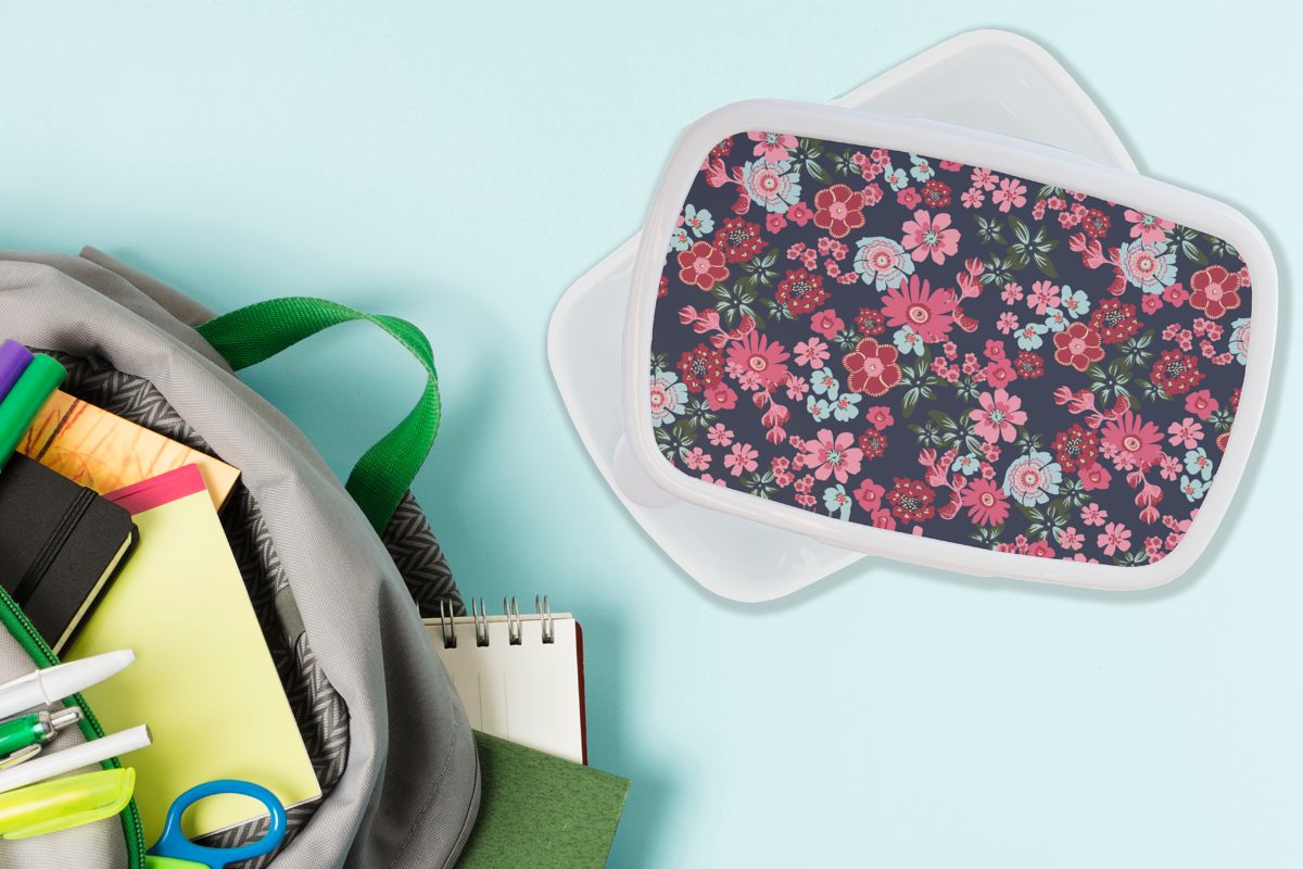 Lunchbox MuchoWow Blumen (2-tlg), für Mädchen Jungs - Rosa für Muster, weiß Flora Erwachsene, - und Kunststoff, Brotdose, Kinder und Brotbox -