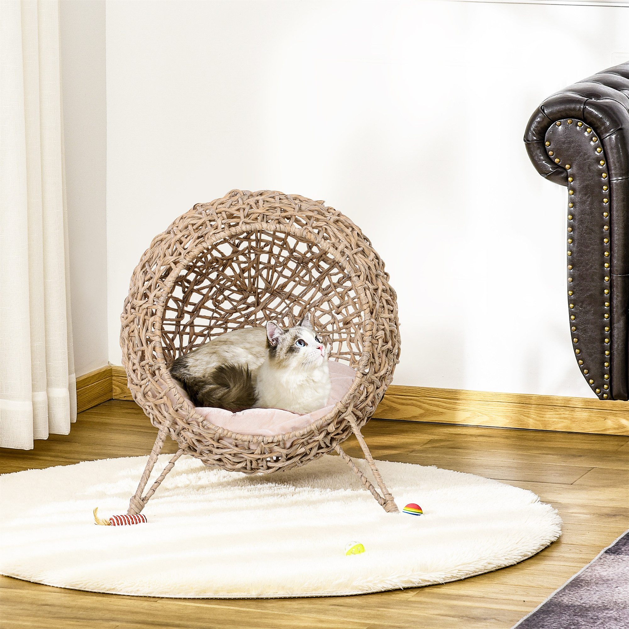 PawHut Tierhaus Katzenhaus mit Kissen Katzenschlafplatz mit erhöhten Füßen, für Katzen, Naturholz